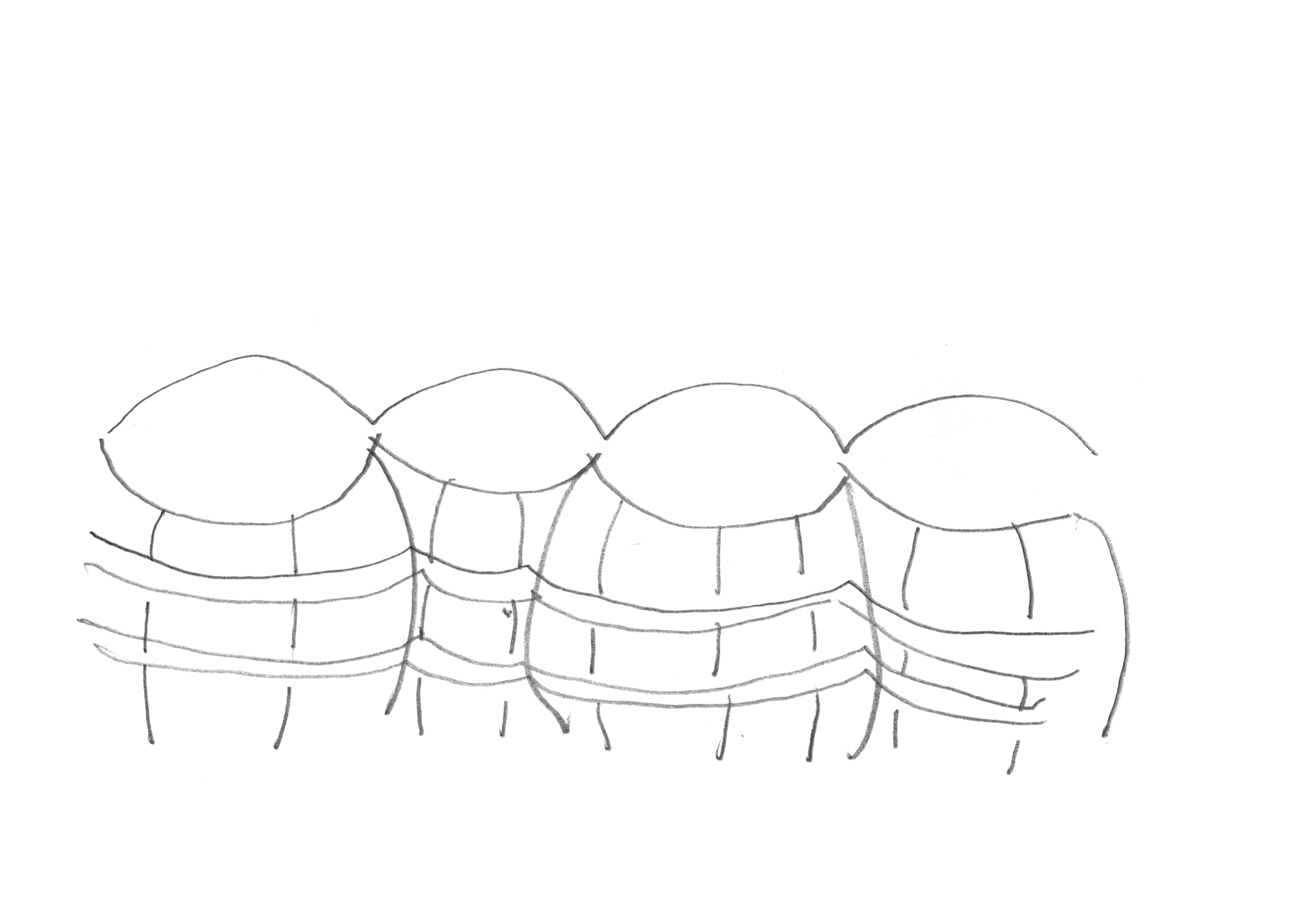 pencil drawing of four large barrels side by side