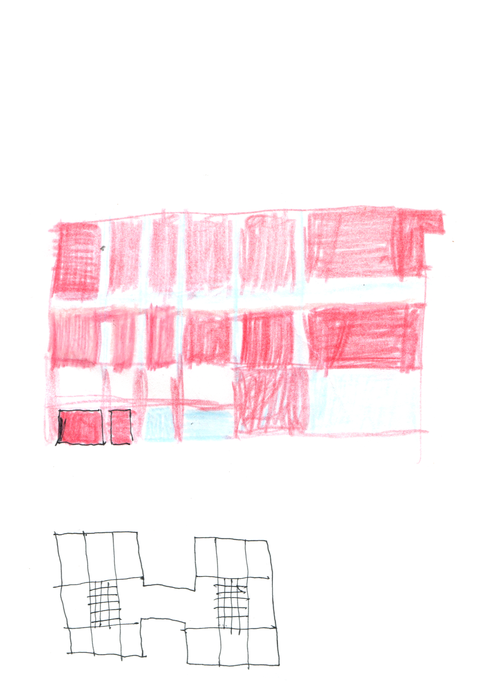 drawing in colored pencil of a gridded building facade in red and small parts of blue and black, and below an H-shaped block with smaller grids within