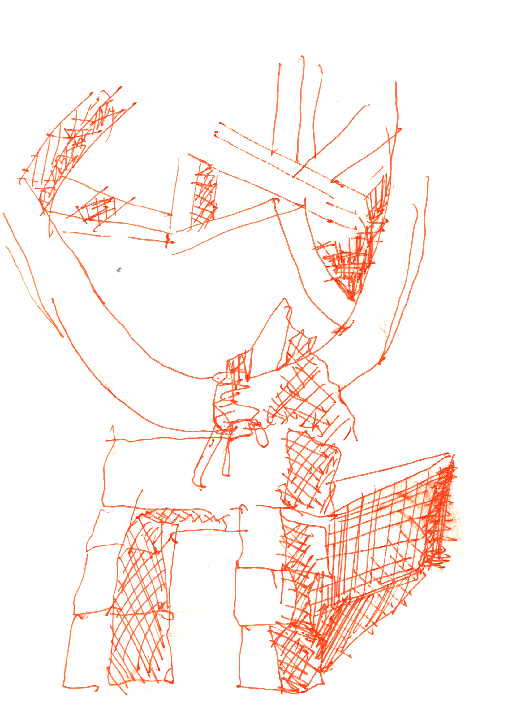 drawing in orange pen of a trabiated gateway supporting a larger circular member above with beams passing behind in the far background