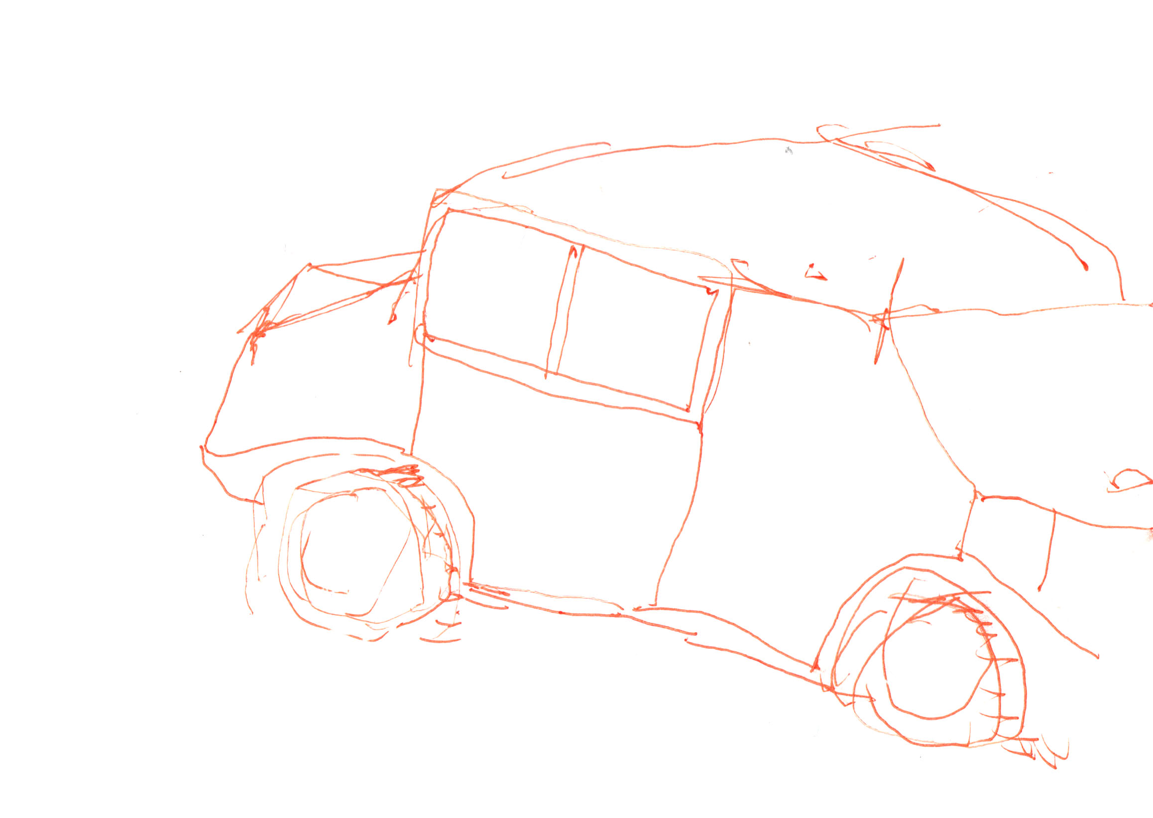 drawing in orange pen of car with a two-paned window