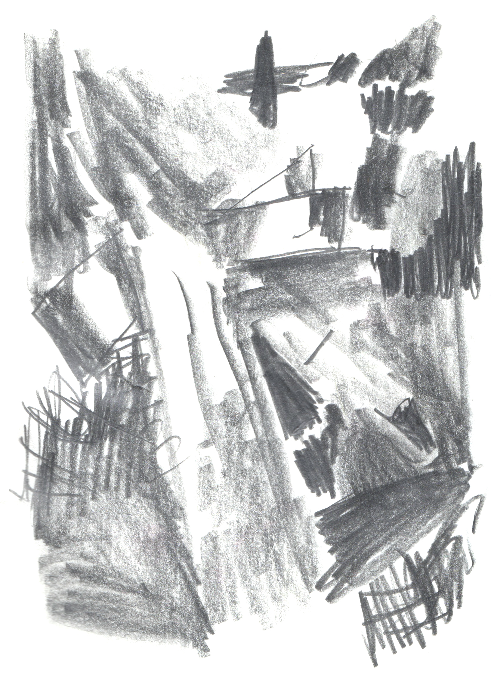 pencil drawing of an abstract composition with small shaded areas and crosses