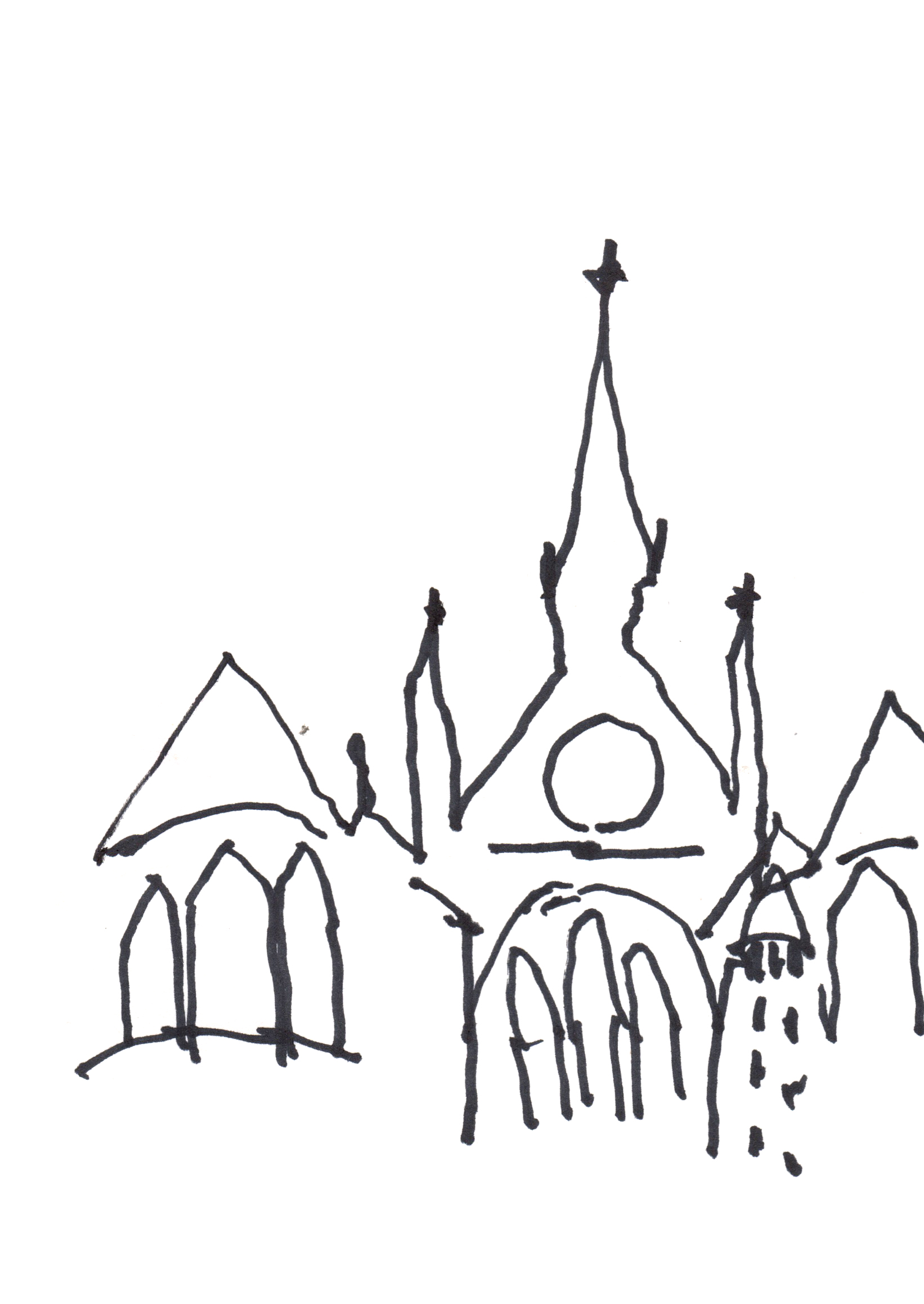 drawing in black marker of a medieval cityscape with a gothic spire in the background and pointed arched windows along the city streets