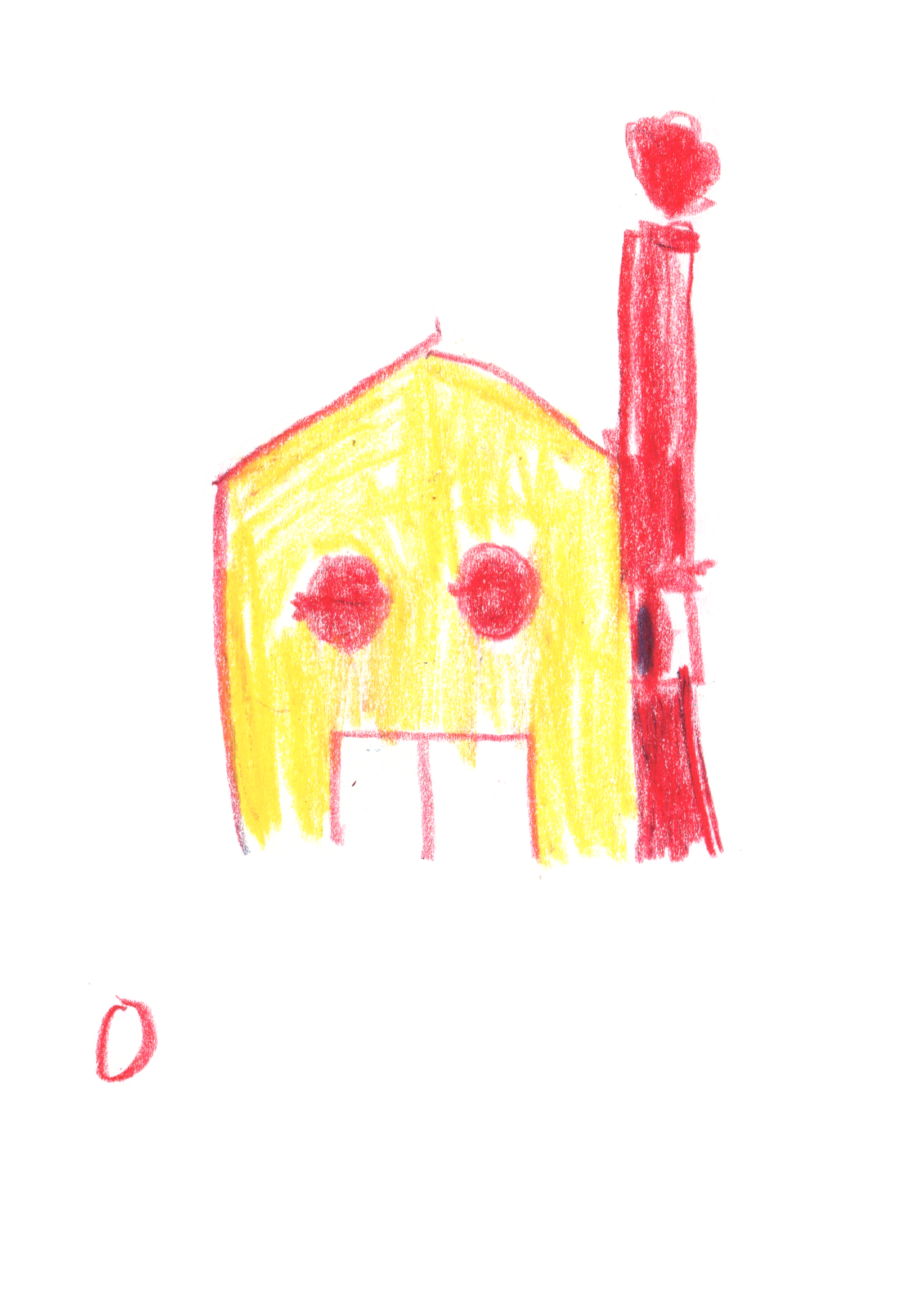 drawing in colored pencil of a gabled-house with a garage door as a mouth and two circular windows for eyes, and a large chimney on its right side