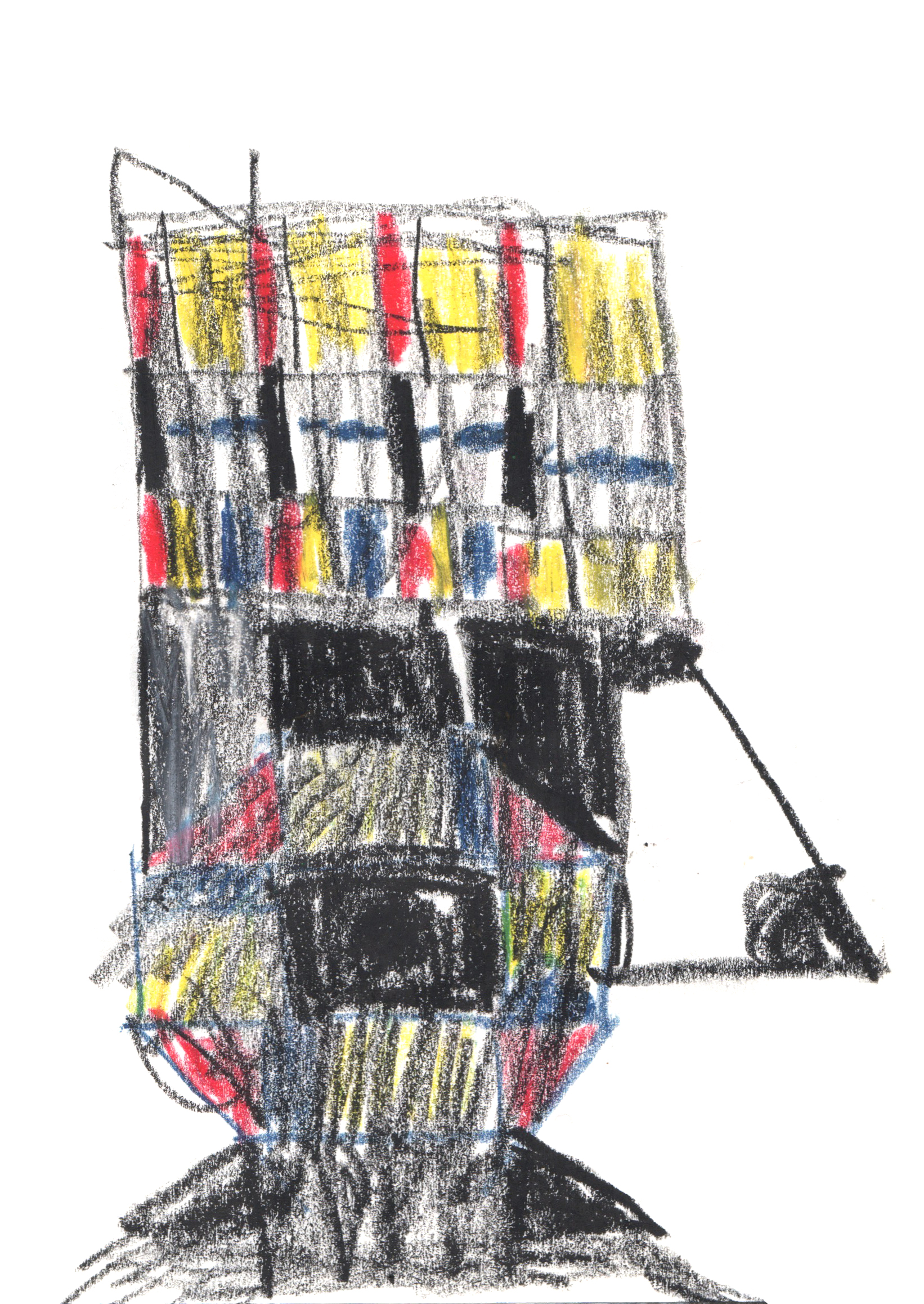 drawing in colored pencil of a beaked-face with a large gridded-crown of red, yellow, and blue