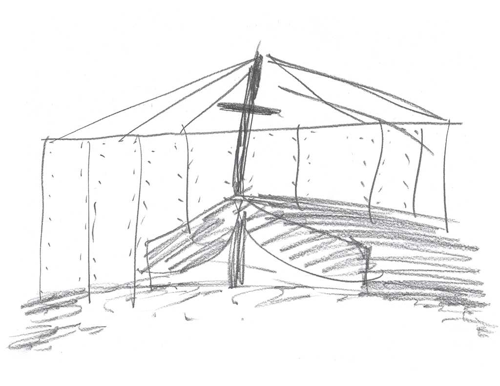 pencil drawing of a tent supported by a crucifix with a smaller tent underneath