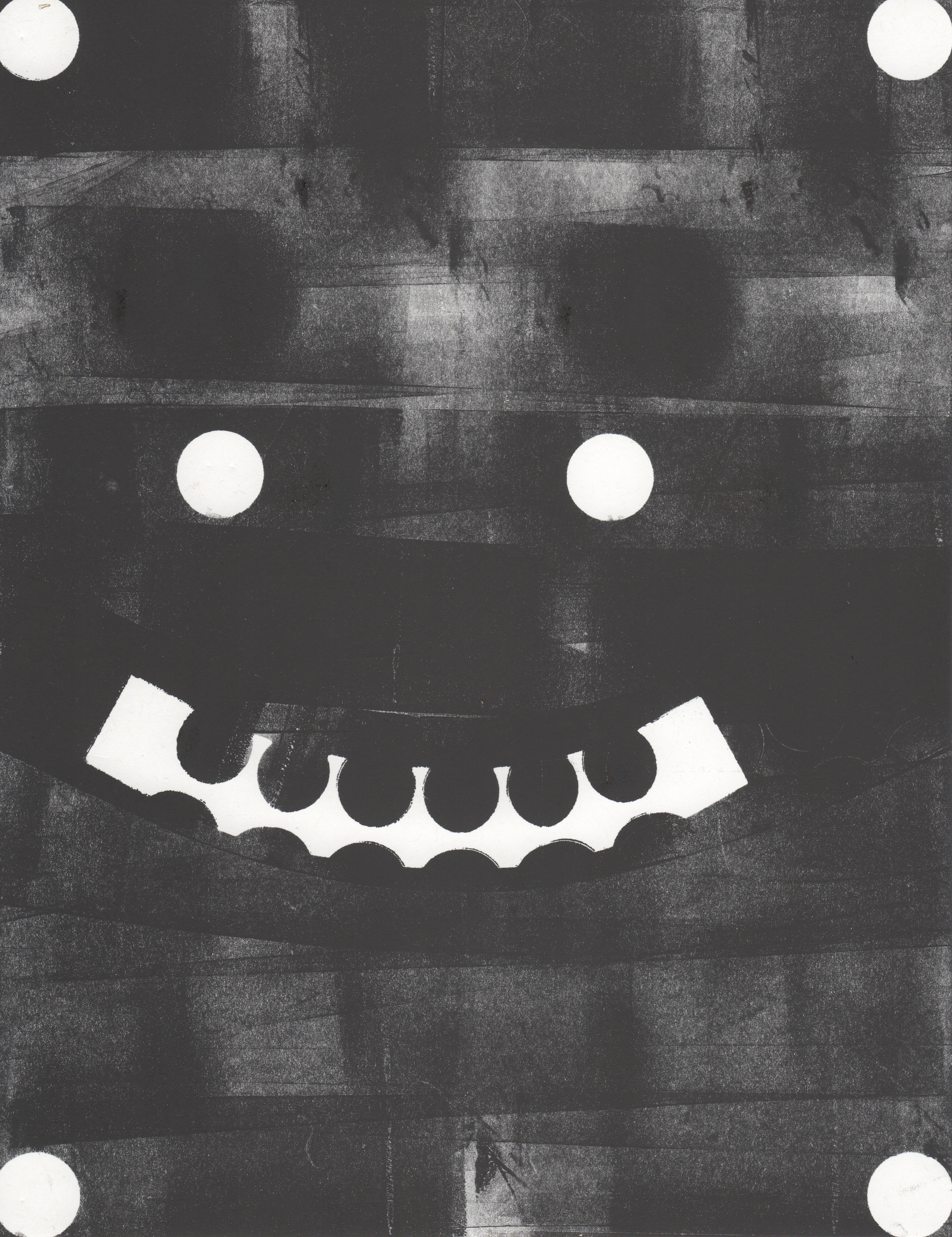 monoprint of a smiling face with big white teeth and four white circles in each corner of the page