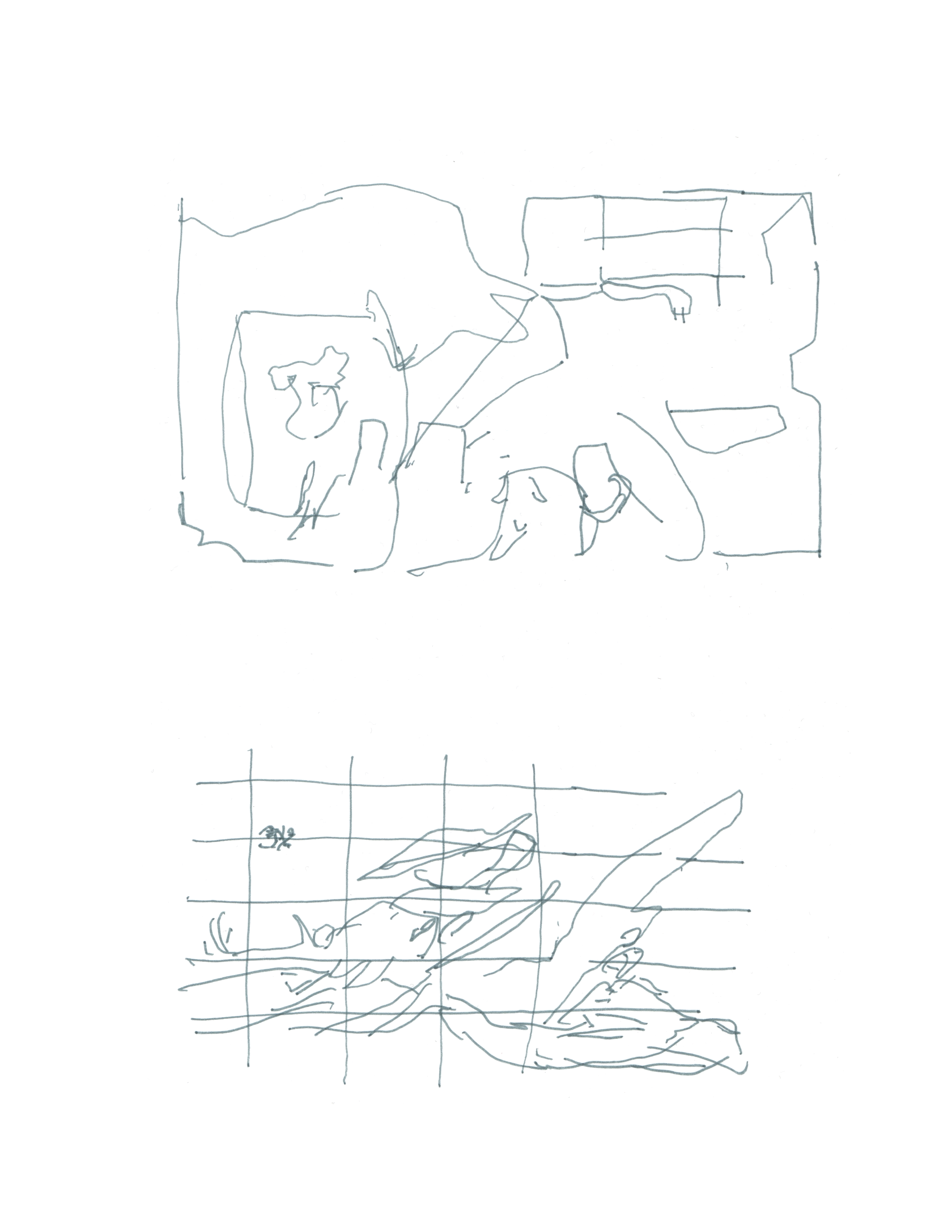 drawing in grey pen of two abstract compositions, one more organic overall and one more gridded with organic elements throughout