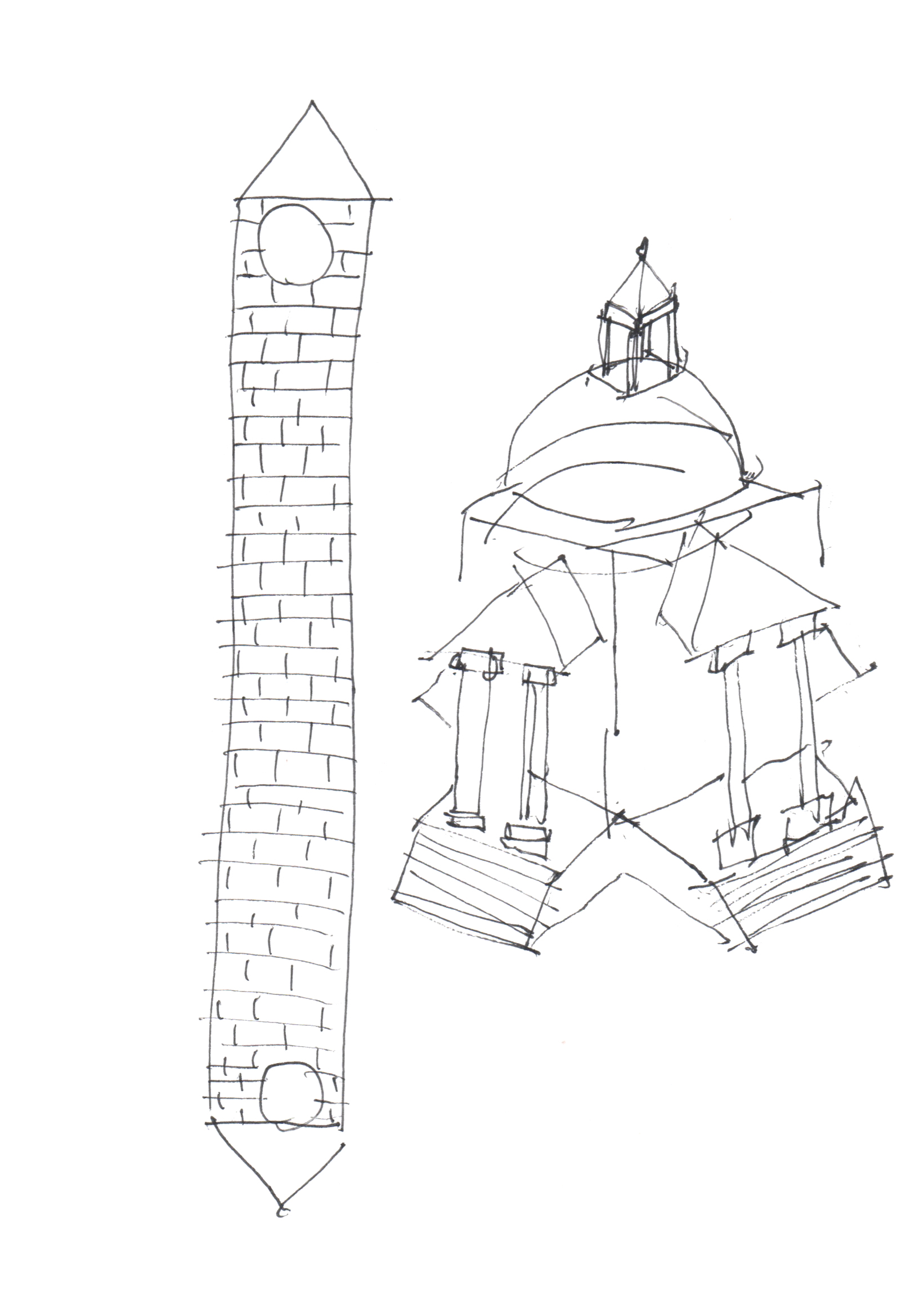 drawing in black pen of a double-ended campanile tower next to a mirrored building with pedimented porticos and topped with a dome