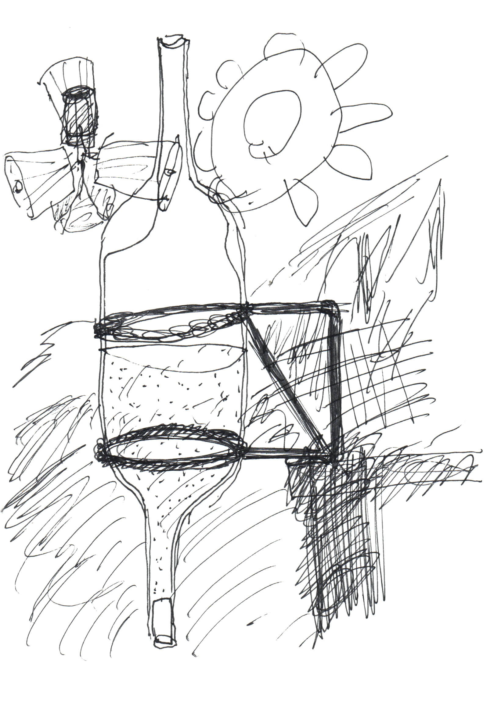 drawing in black pen of a double-necked wine bottle sitting in a technical frame on the edge of a ledge beneath a sun and pepper-grinder