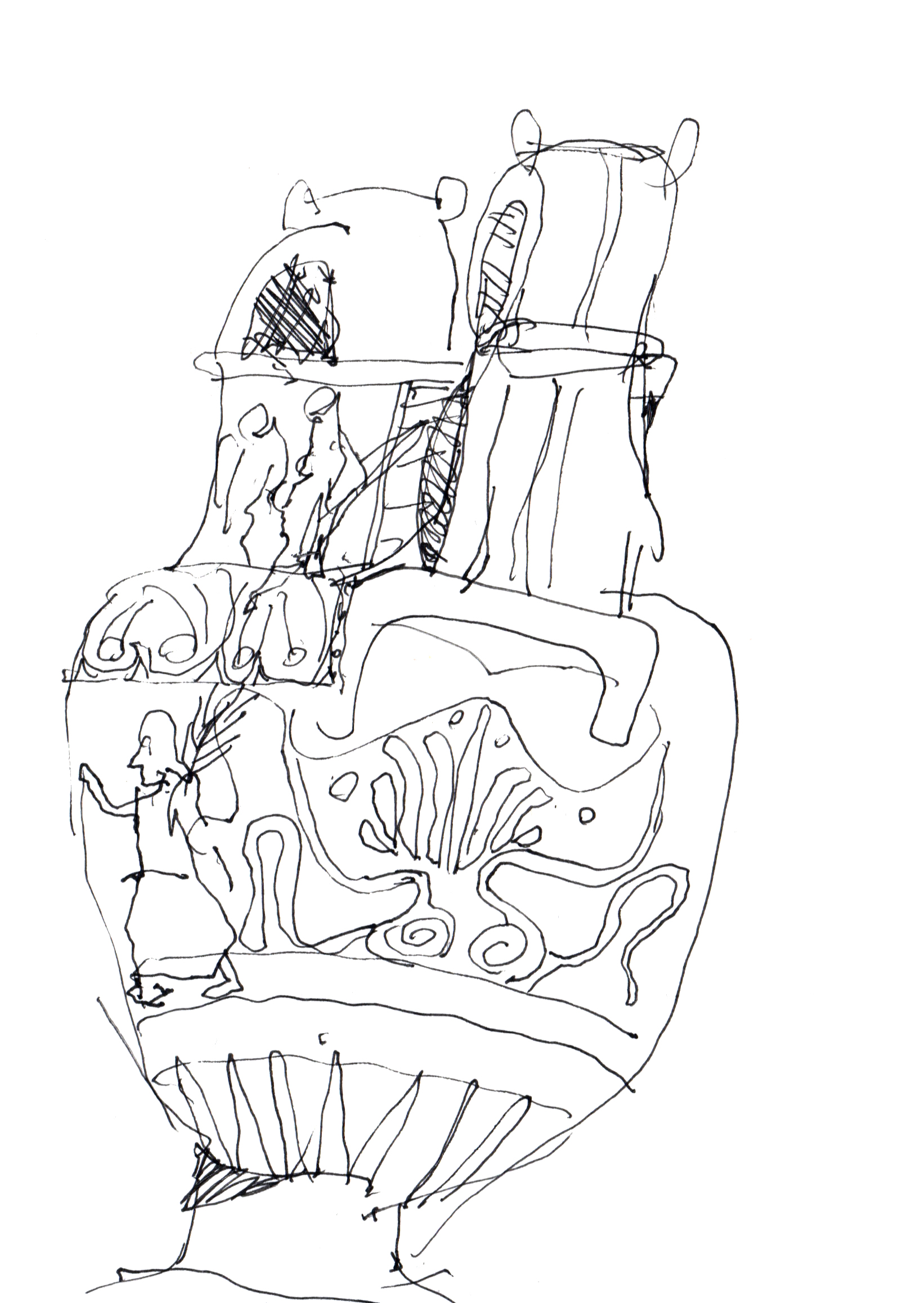 pen drawing of a Greek vase with two handles and figural as well as ornamental covering