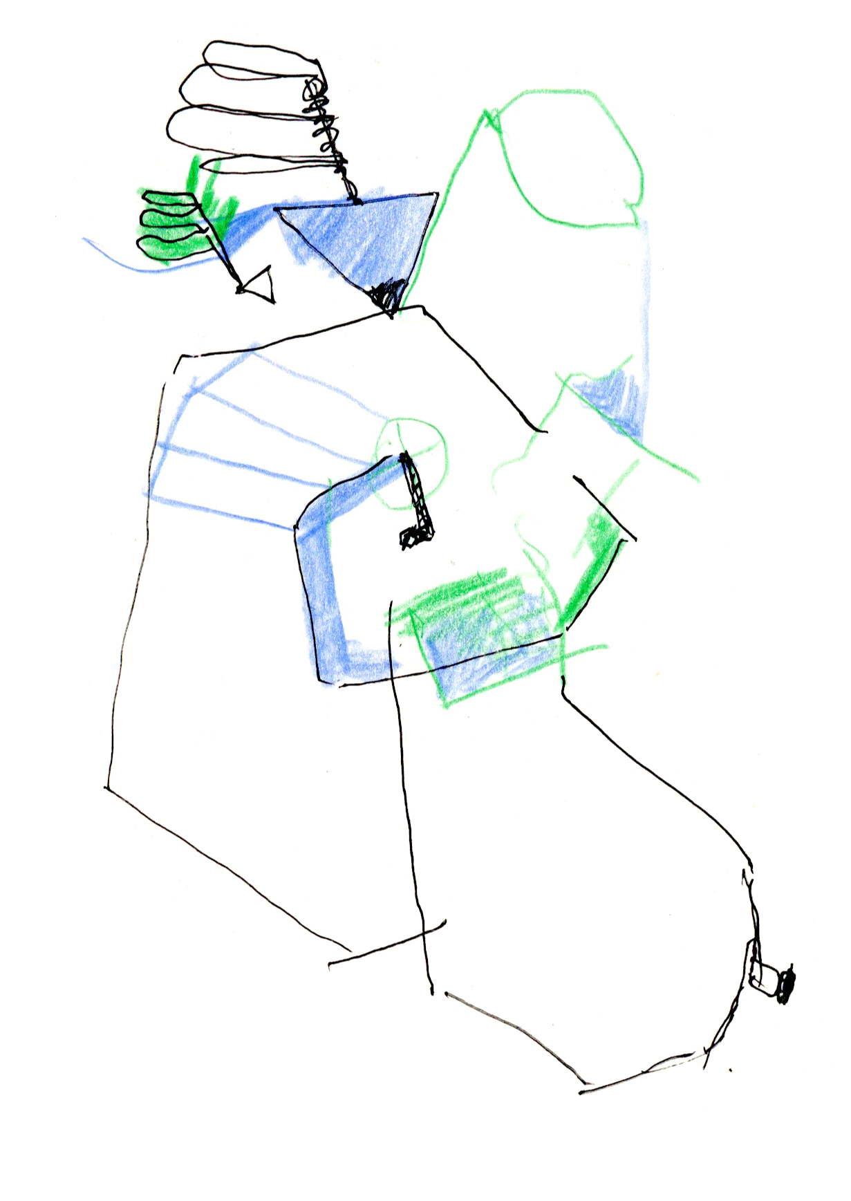 drawing in black pen and green and blue colored pencil of a blobby figure with a chimney in a kind of spiral pattern