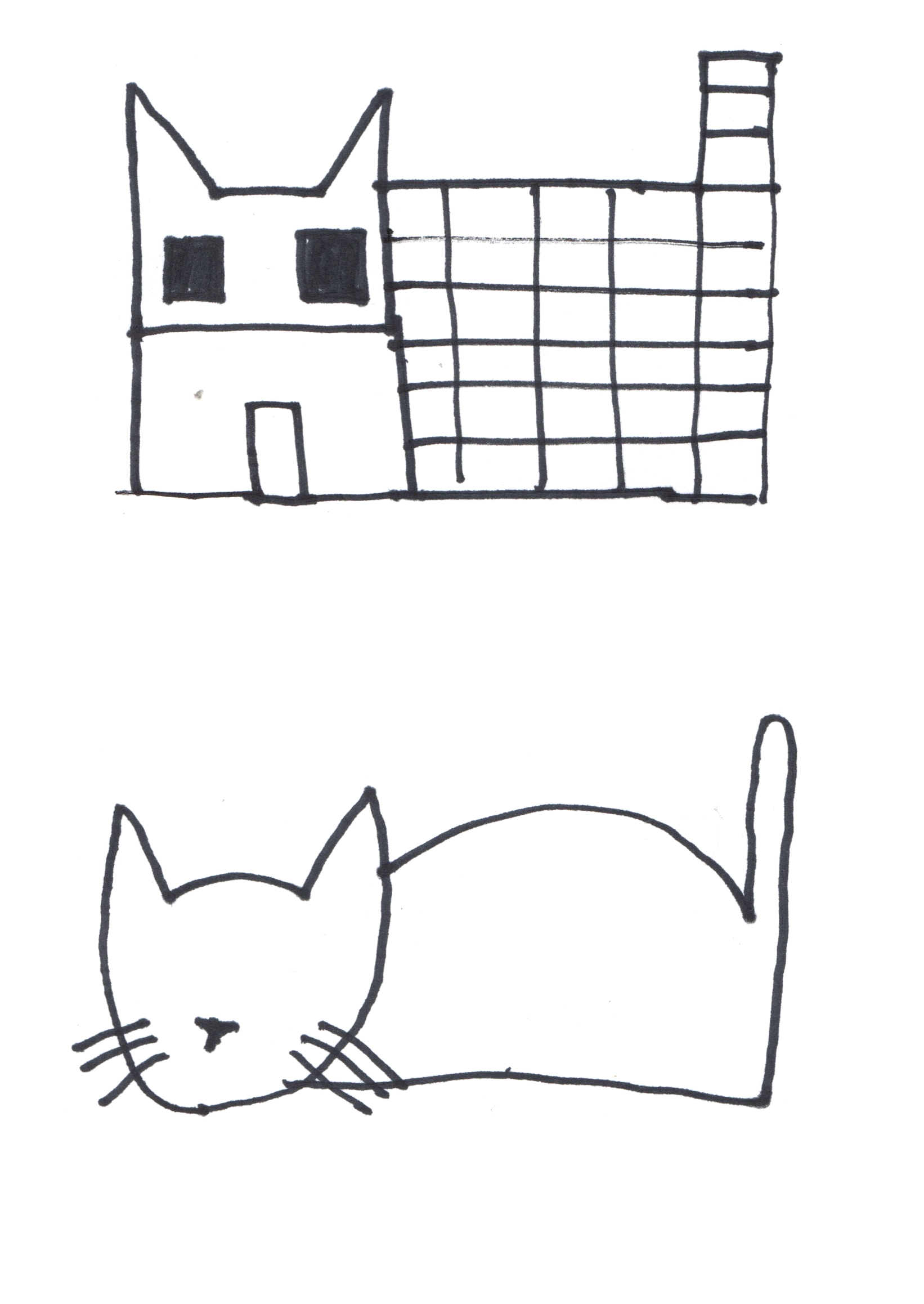 drawing in black marker of a building shaped like a cat above a simplified drawing of a cat from the side below