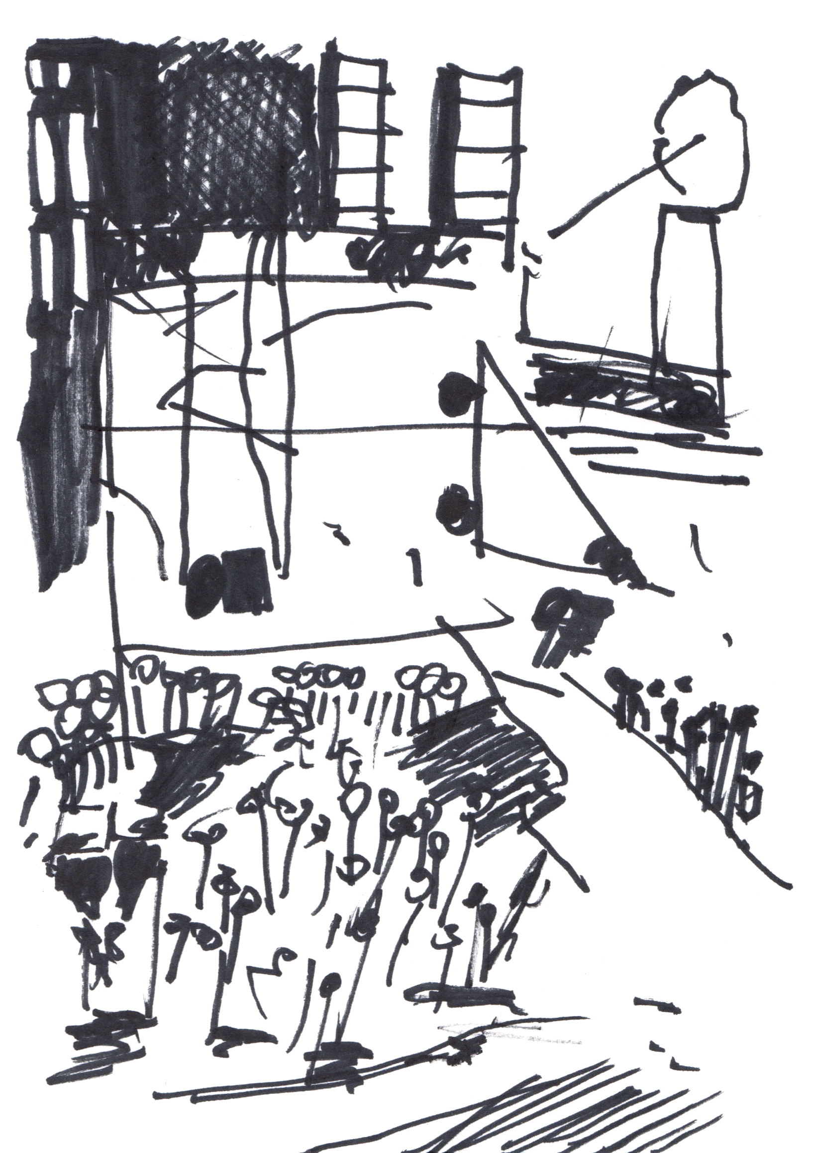 drawing in black marker of an empty field with tall buildings in the background
