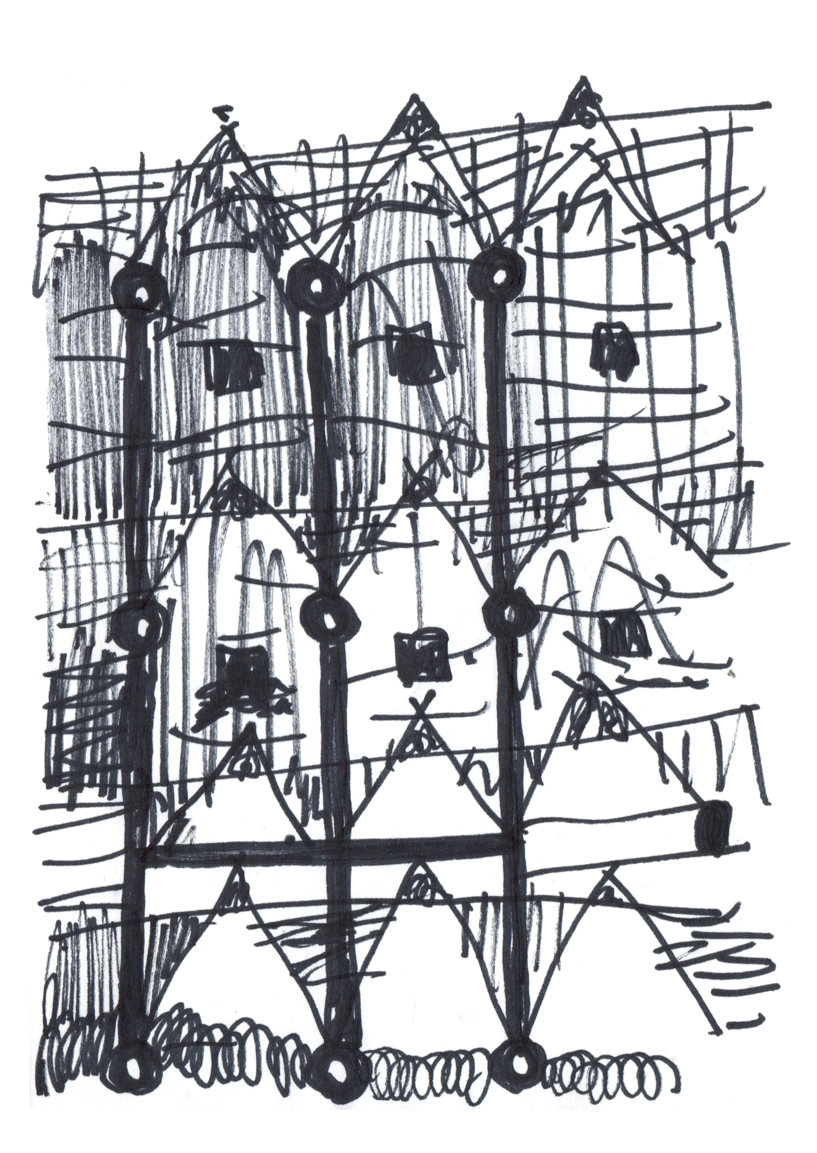 drawing in black marker of a row of gabled roofs with small square windows