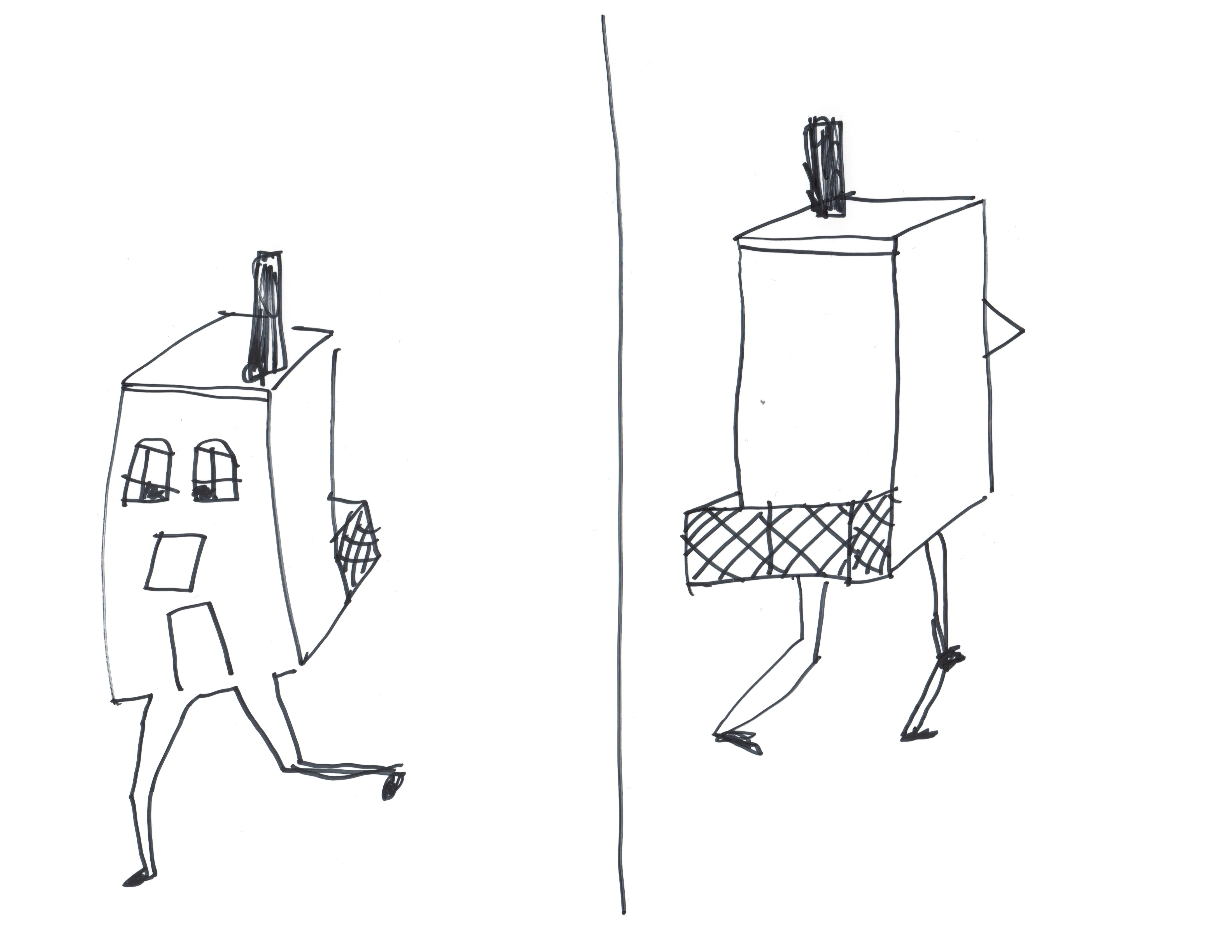 drawing in black pen of a small building running on two legs viewed from the front and from the back