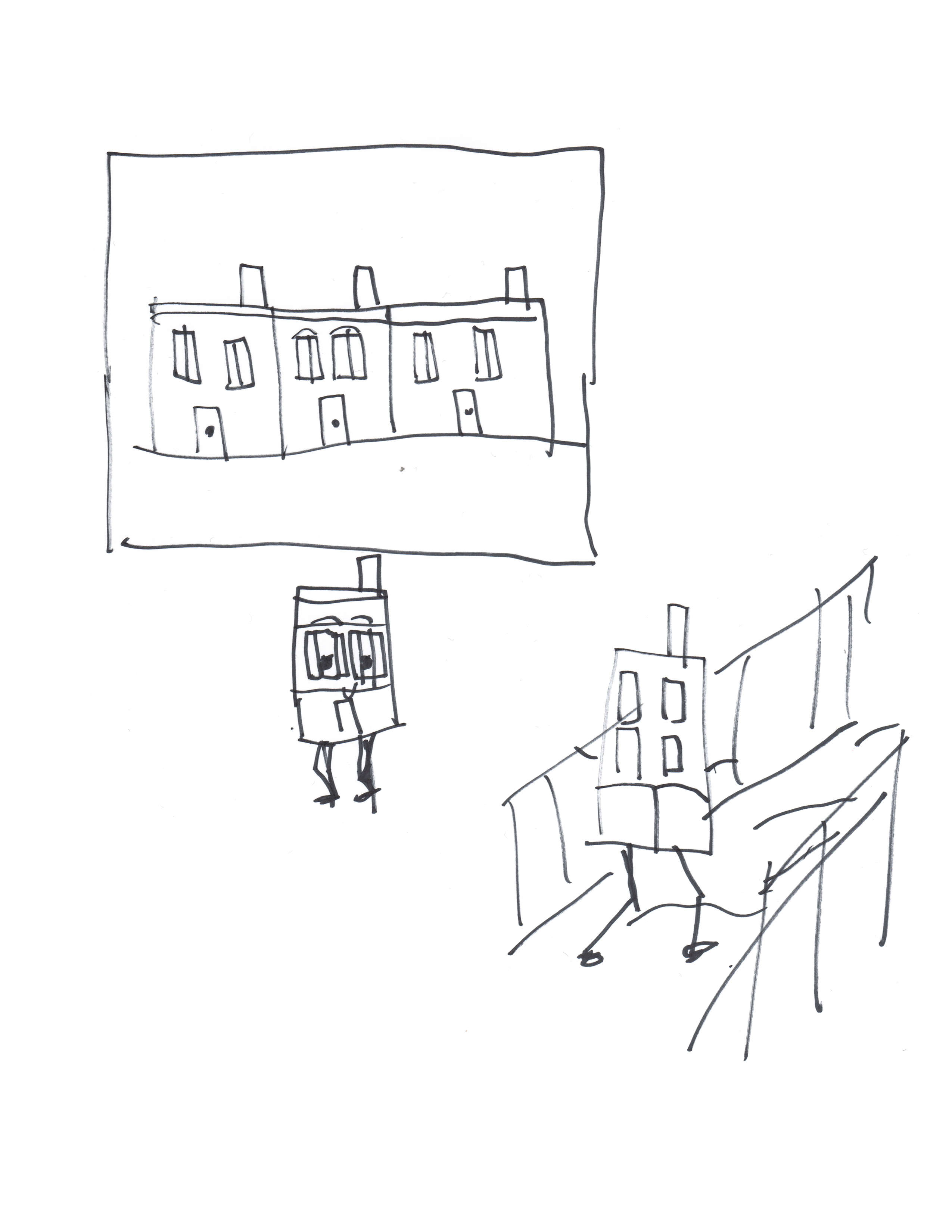 drawing in black pen of a small building running on two legs viewed from the front and from the back