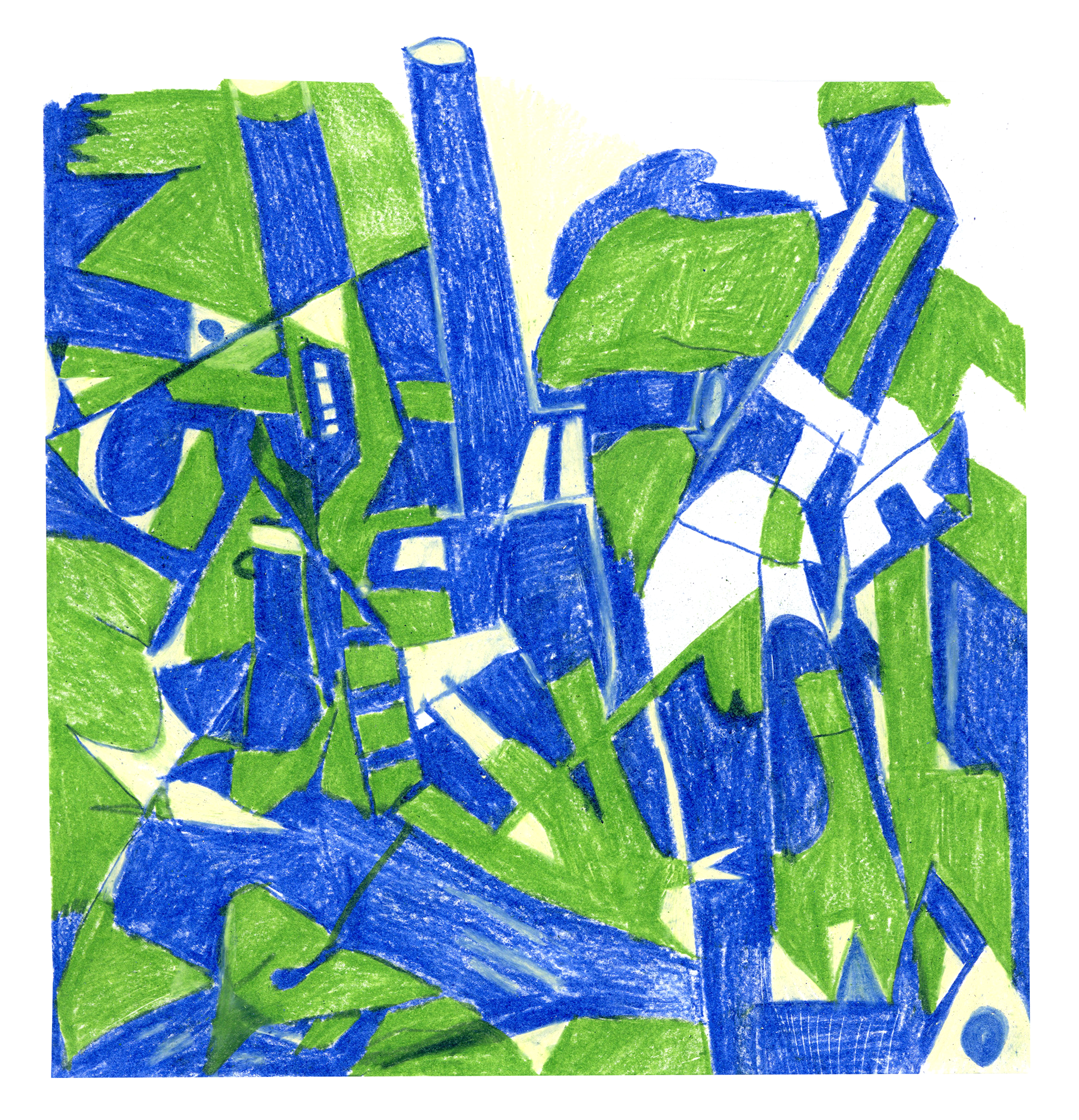 abstract composition drawing in blue and green, with many overlapping parts and shapes