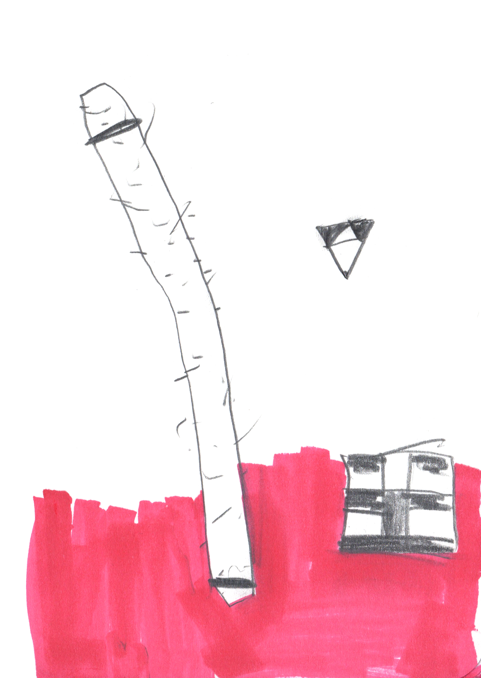 drawing in pencil of unknown objects sitting on a red ground