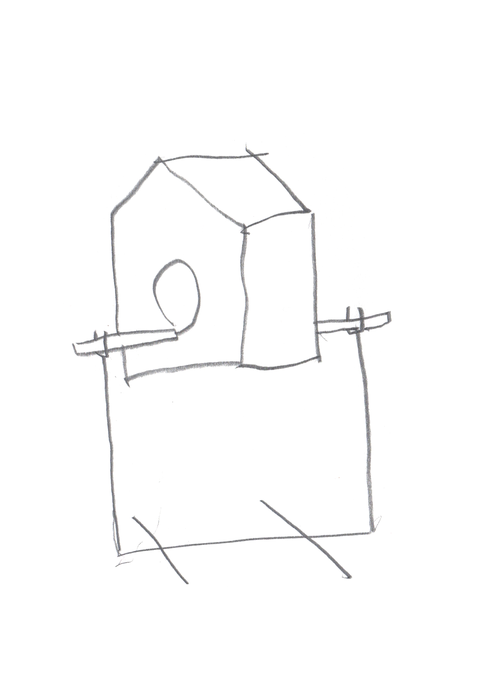 drawing in pencil of a double-sided birdfeeder resting on a small stand by the small peg landings