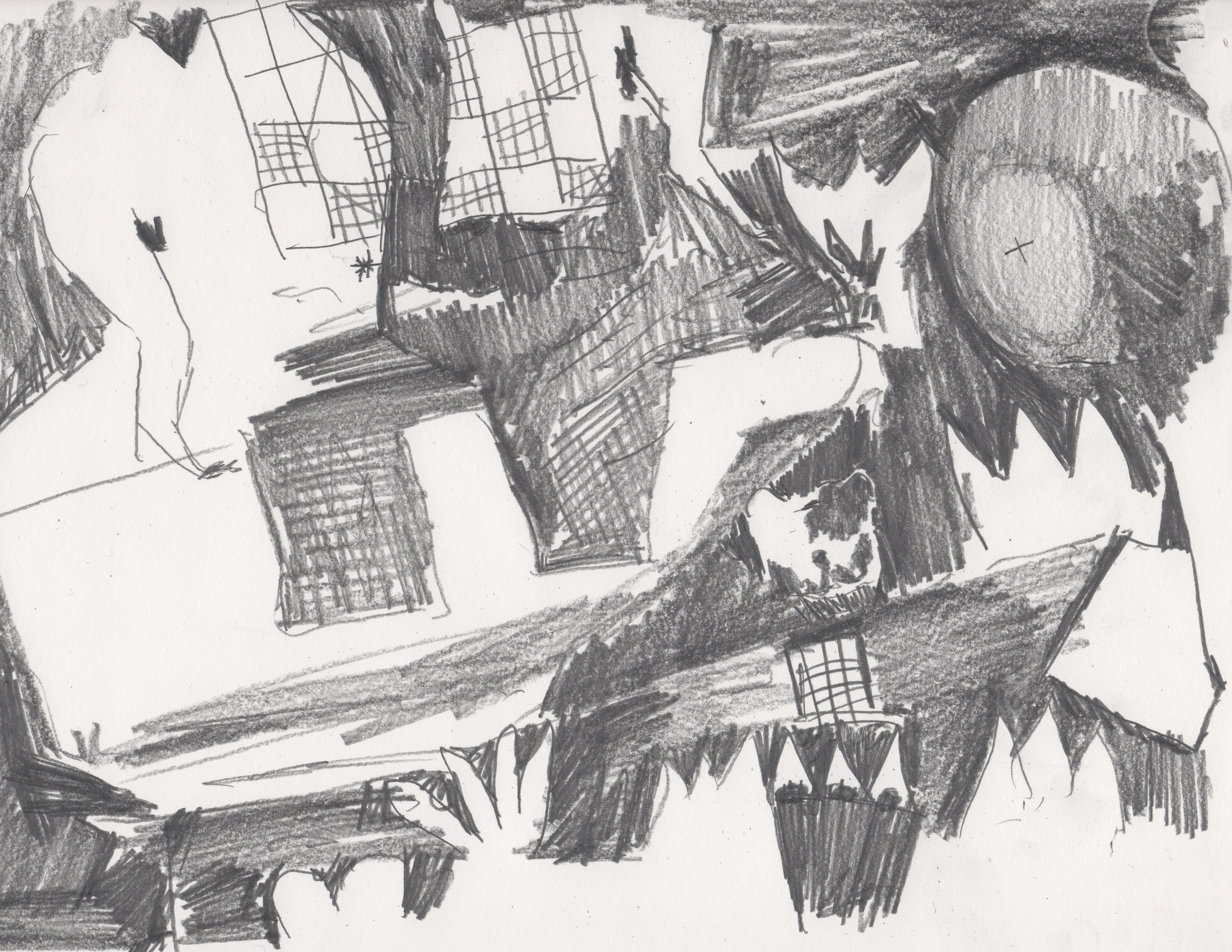 pencil drawing of many overlapping abstract shapes rendered heavily with pencil shading