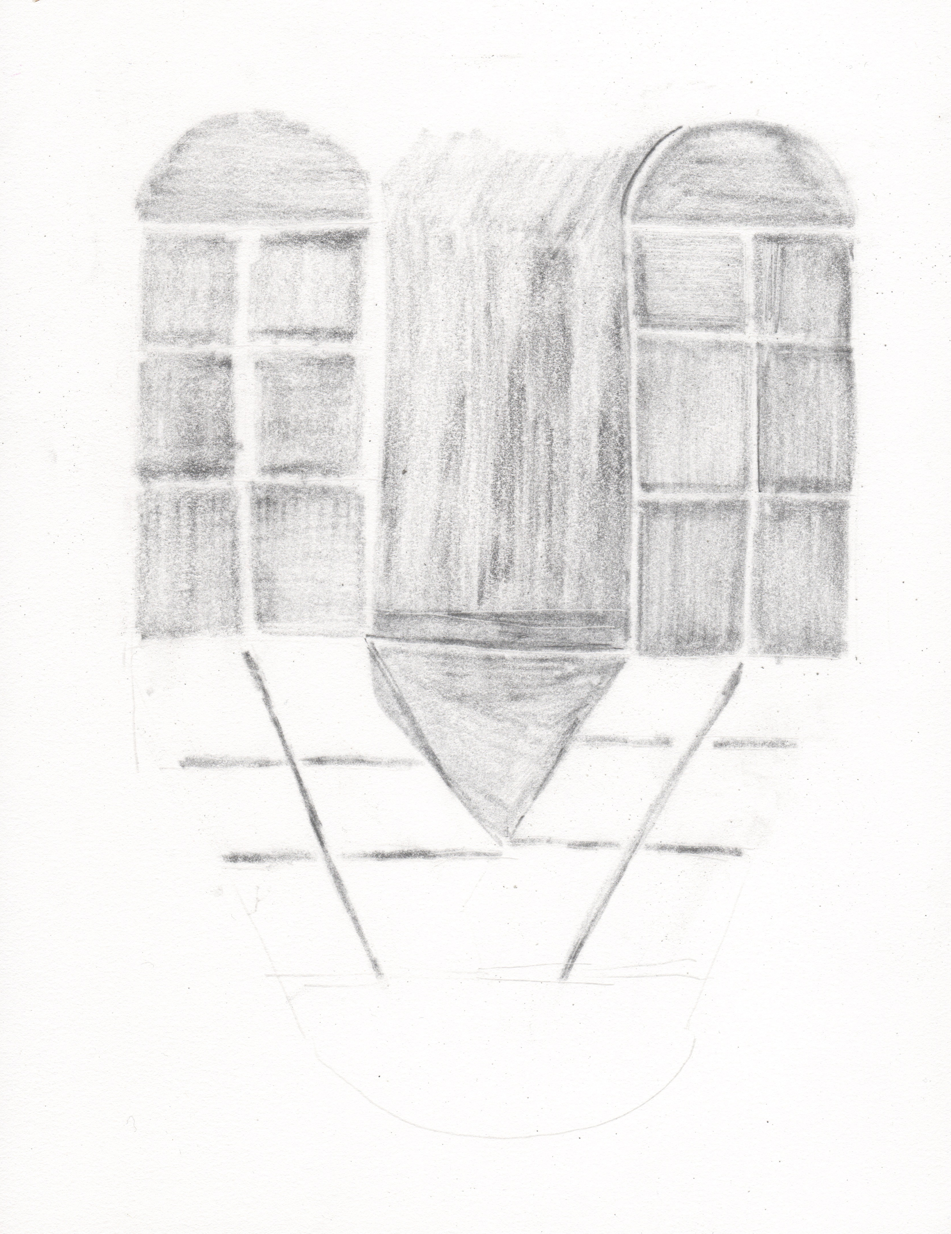 drawing in pencil of two windows casting overlapping shadows into a shared room