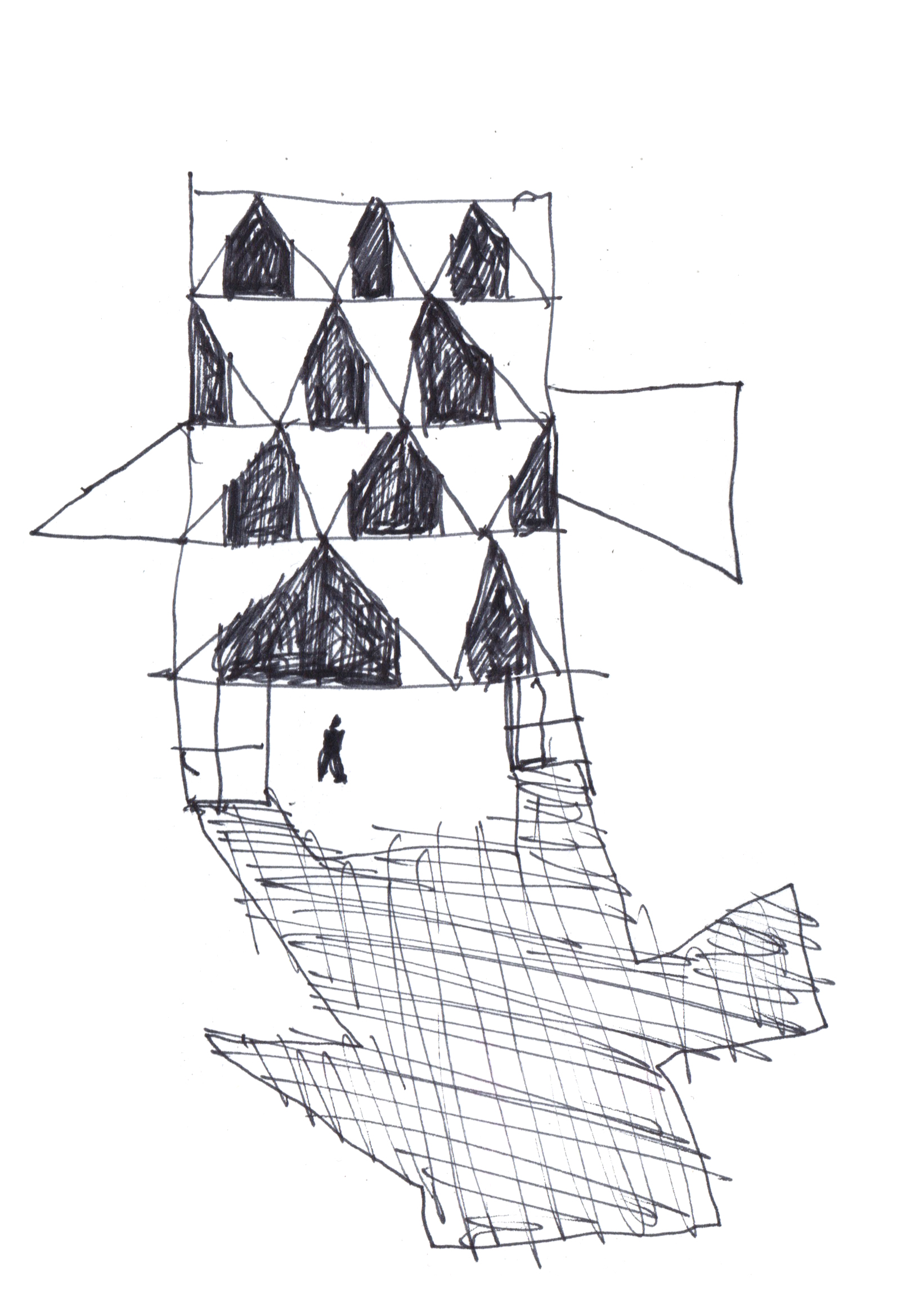 drawing in black pen of a building standing on small legs with a nose and tail with a small human figure standing below