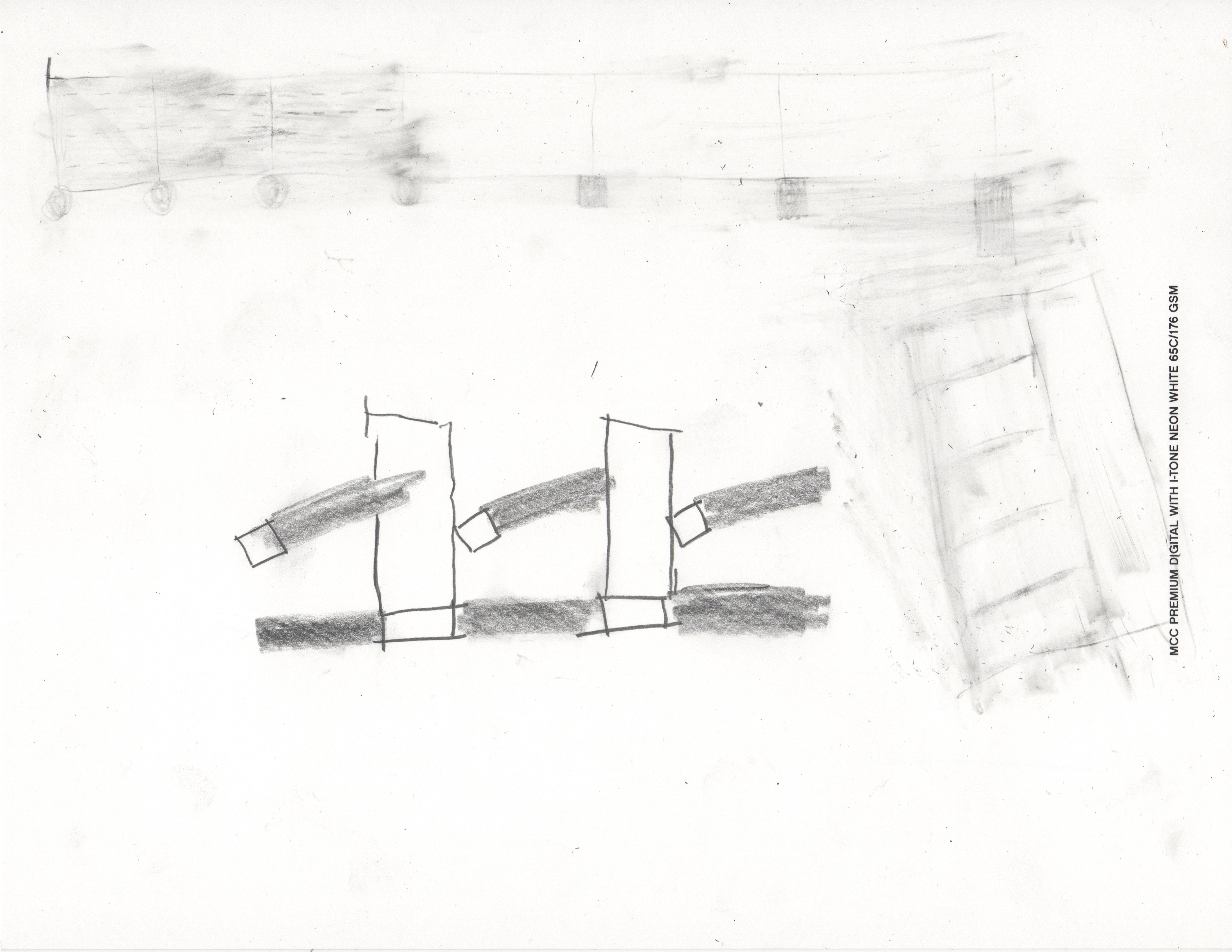 pencil drawing of square-shaped shooting stars moving sideways into towers