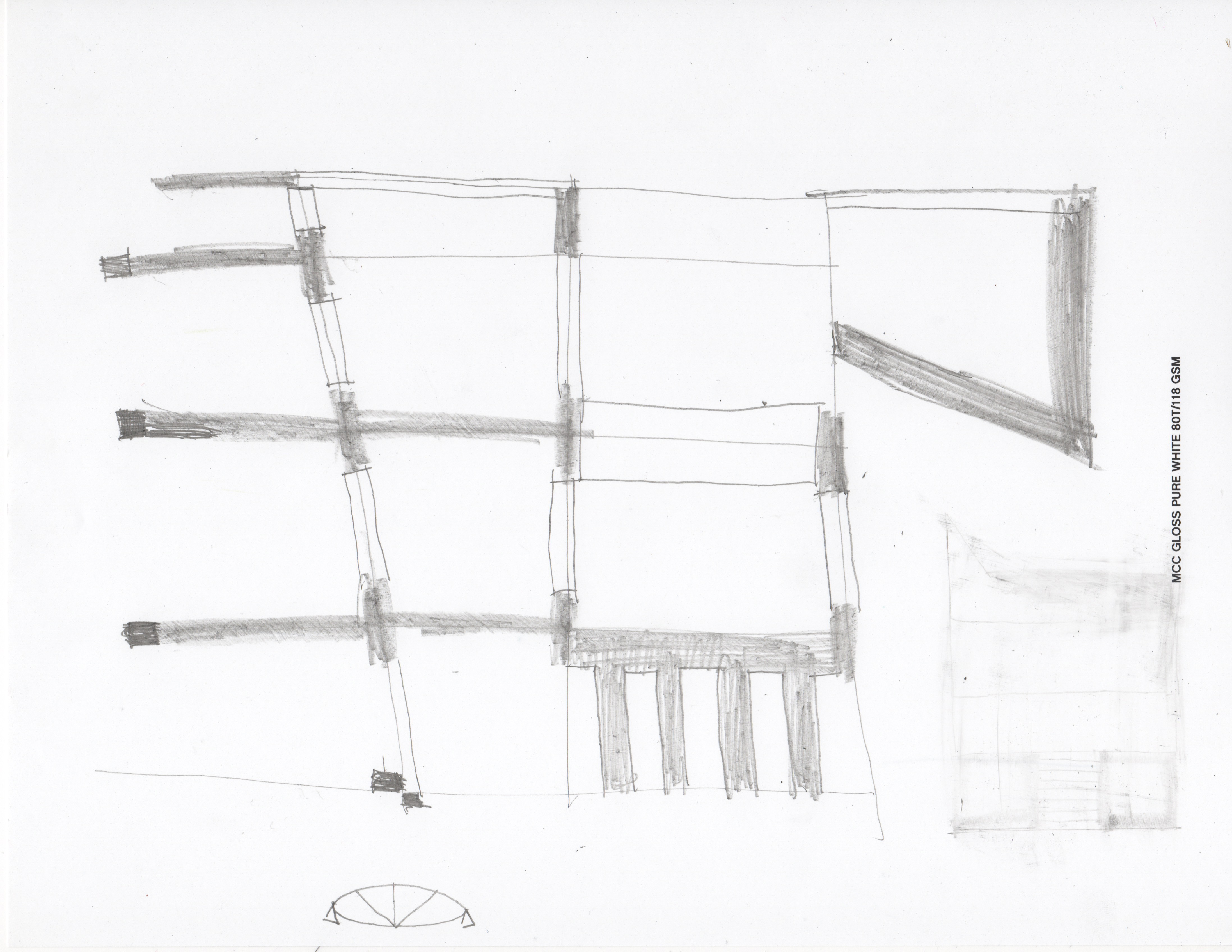 pencil drawing of a building plan with parts sticking out and small entrances