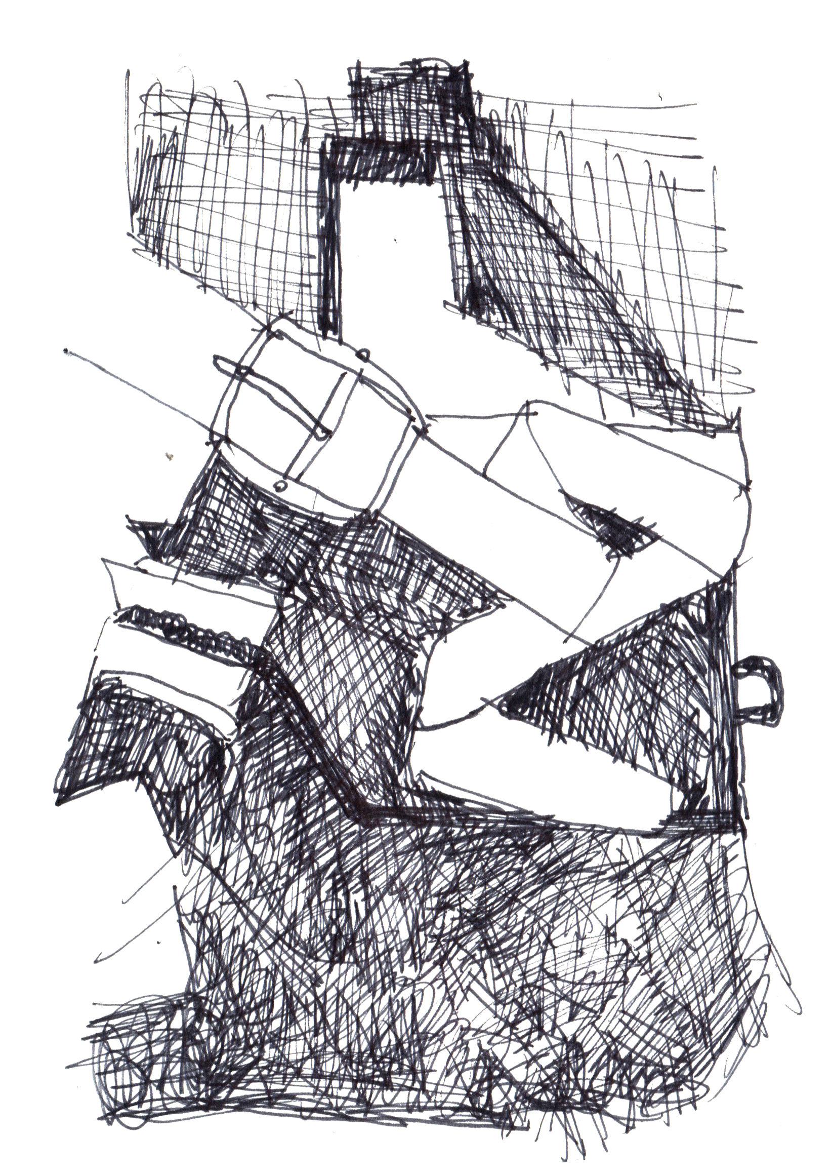 drawing in black pen of a belt with buckle wrapping around the neck of a water cask shaded heavily