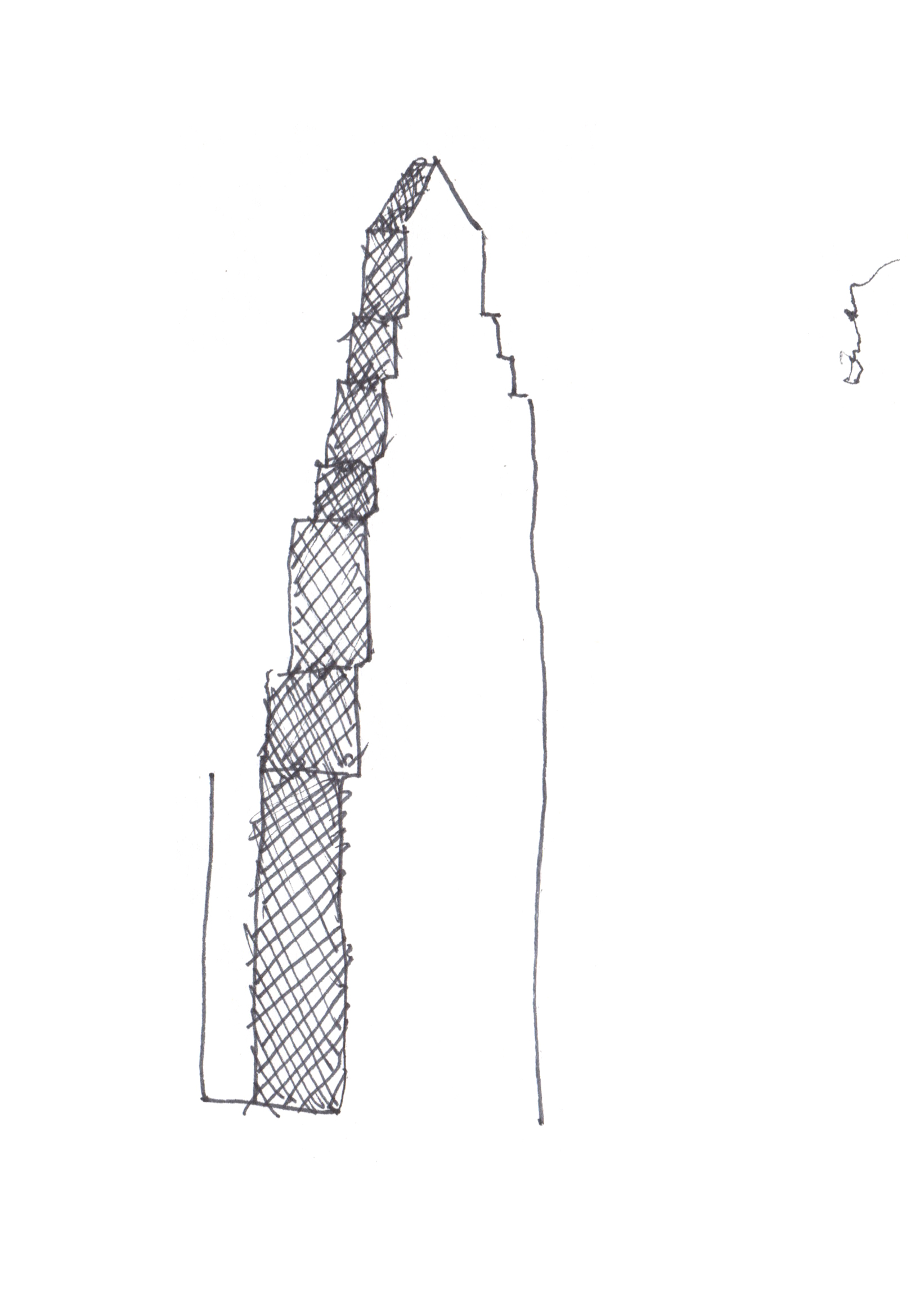 pen drawing of a skinny building with a stepped facade and a small gabled peak