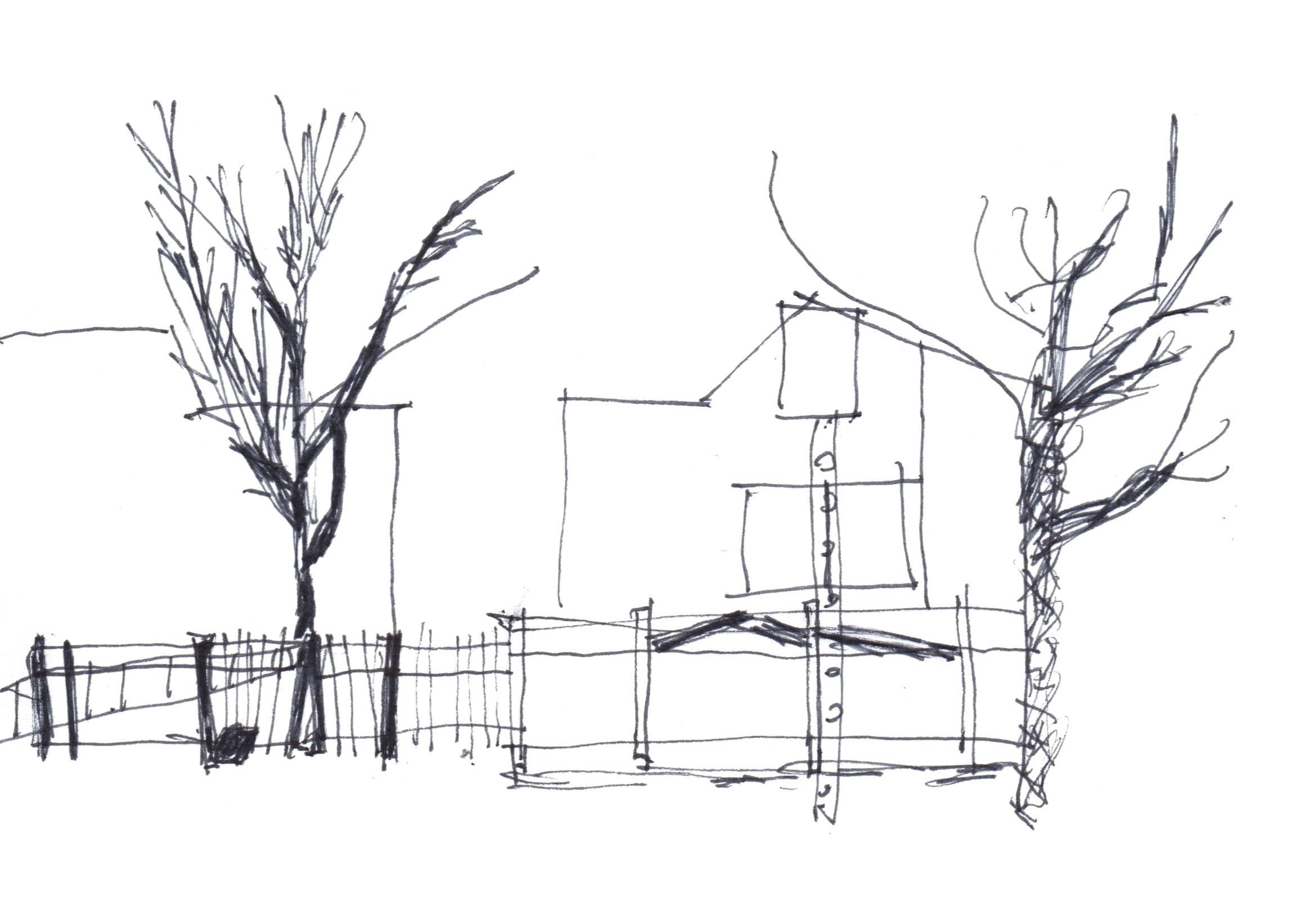 pen drawing of a fence with two trees and some house silhouettes in the background