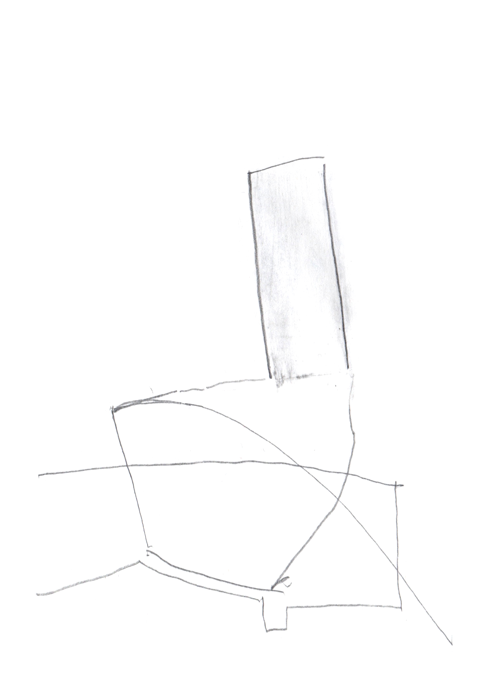 pencil drawing of an angular object sitting in a small tub