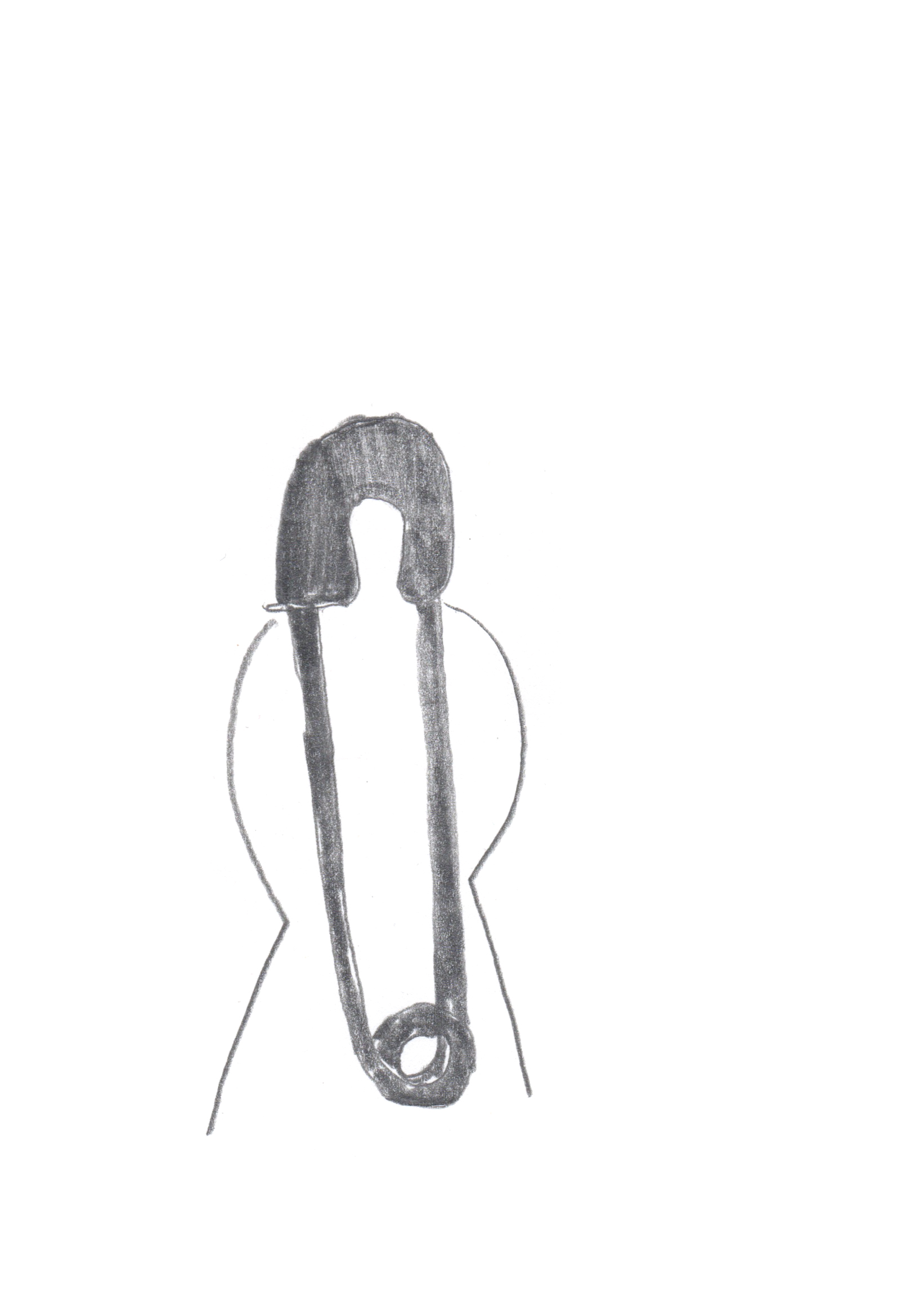 pencil drawing of a safety clip where the head of a woman is revealed in the gap at the larger end of the clip with a line silhouetted behind