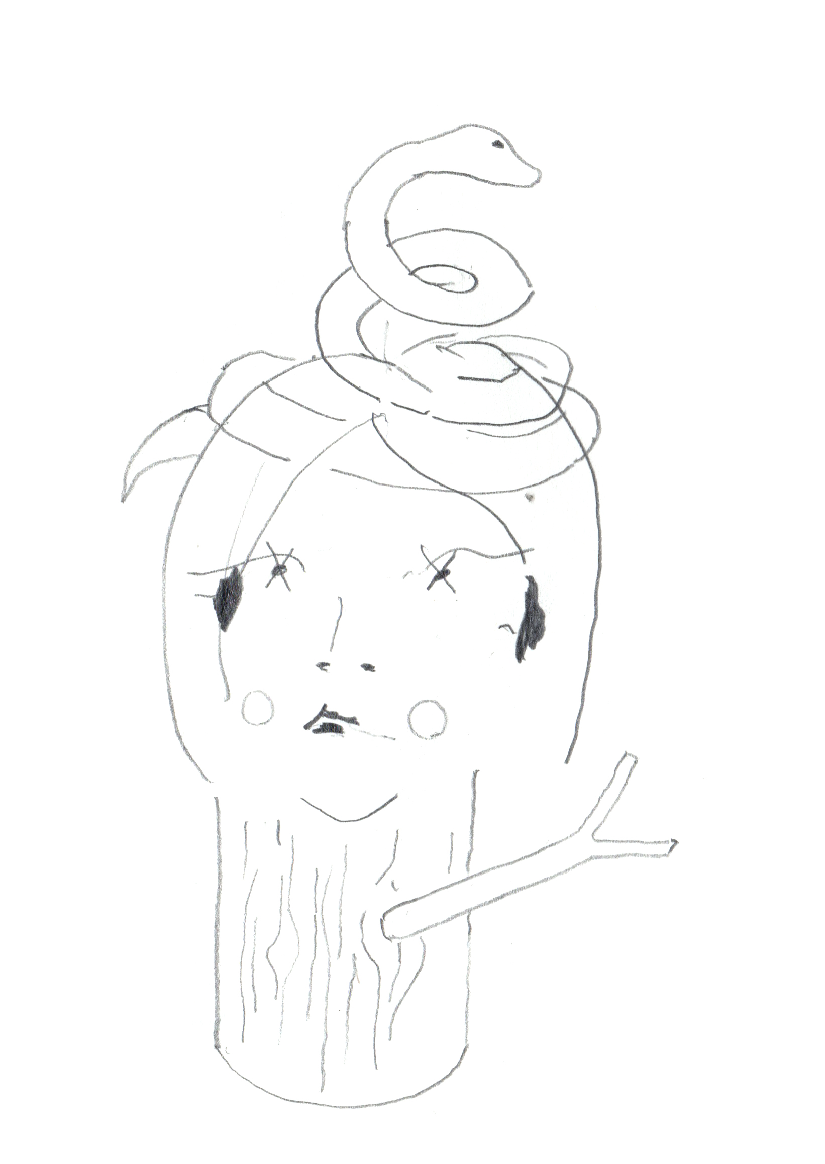 pencil drawing of a woman's head attached to a tree stump wearing a crown in the shape of a snake