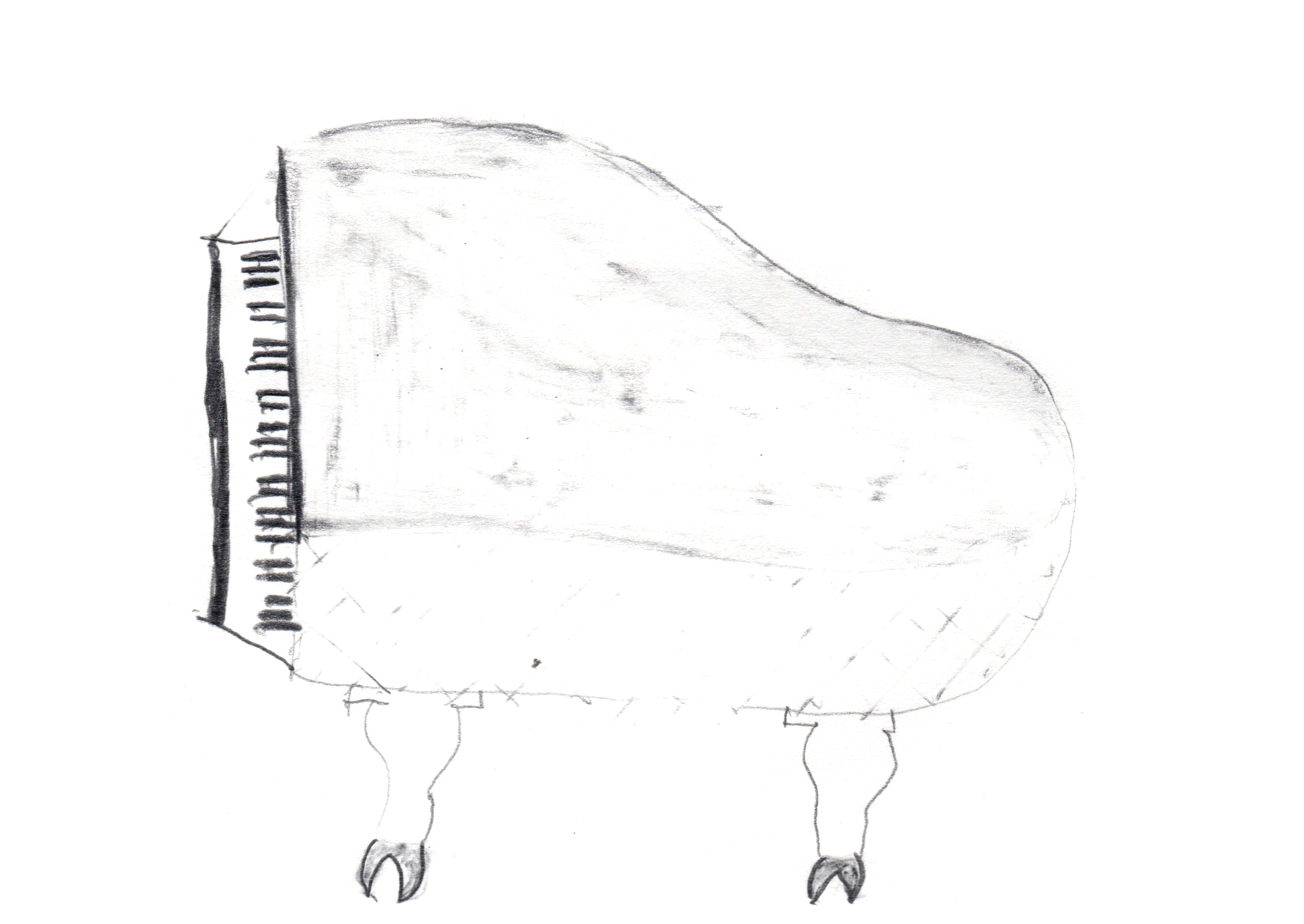 pencil drawing of a grand piano with cloven hoofed legs