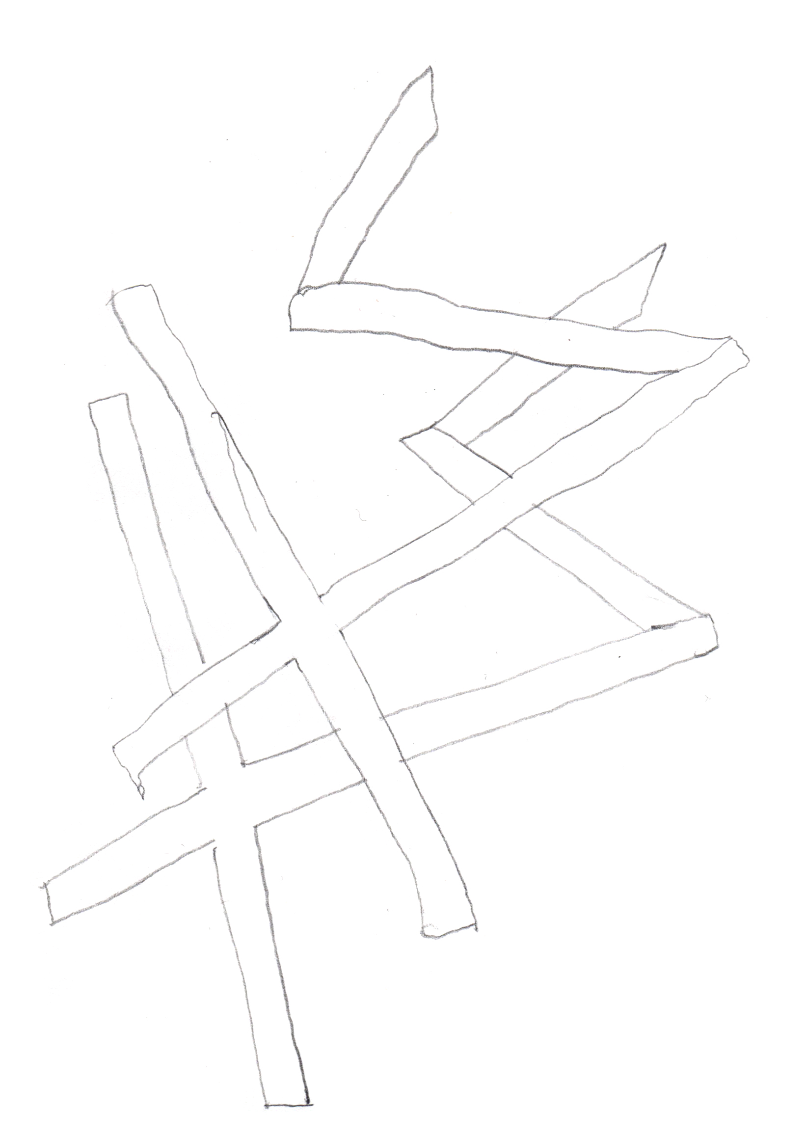 pencil drawing of two overlapping crosses with tails