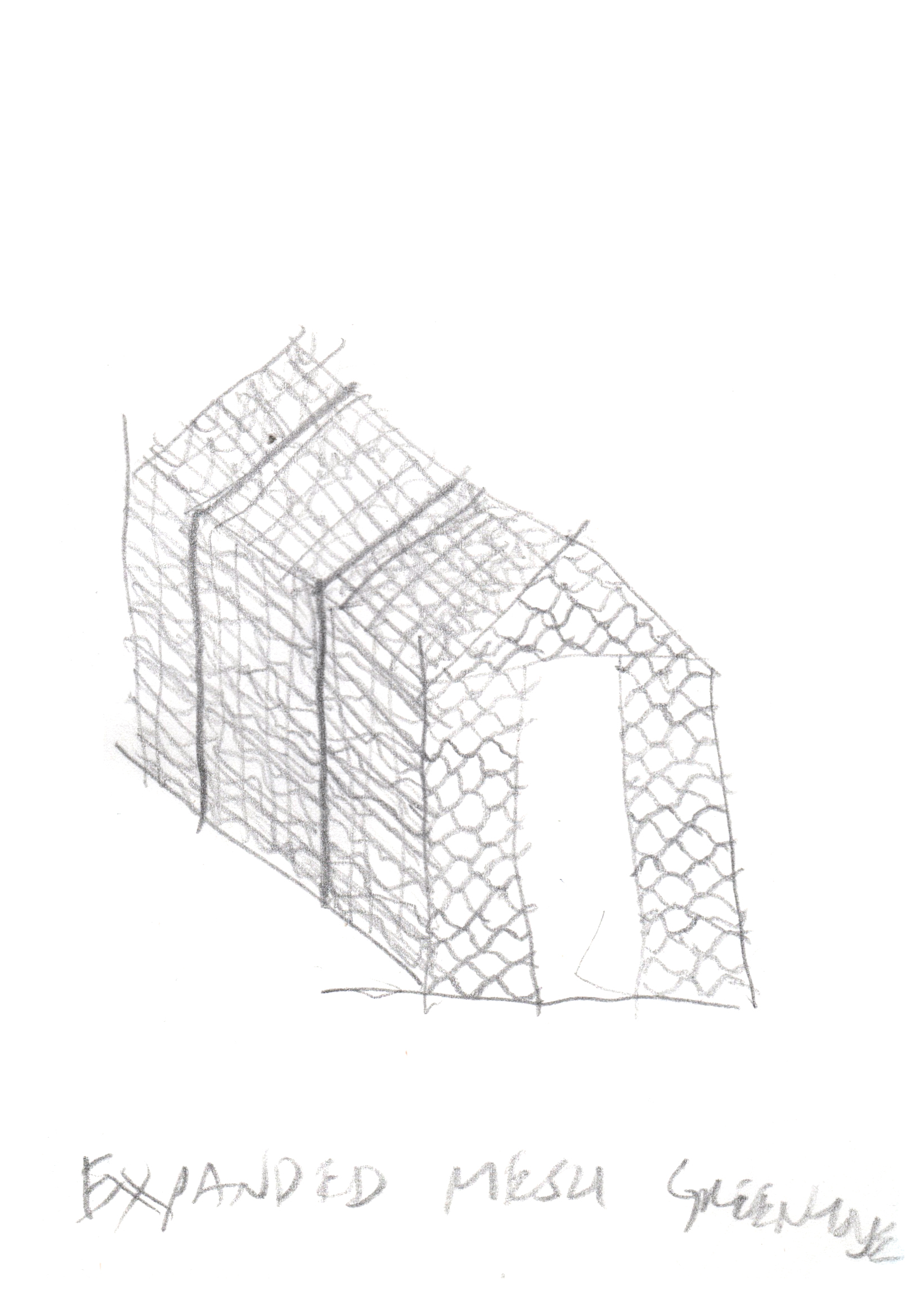 pencil drawing in axonometric of a small shed with expanded wire-mesh walls and the text "EXPANDED MESH GREENHOUSE" written below