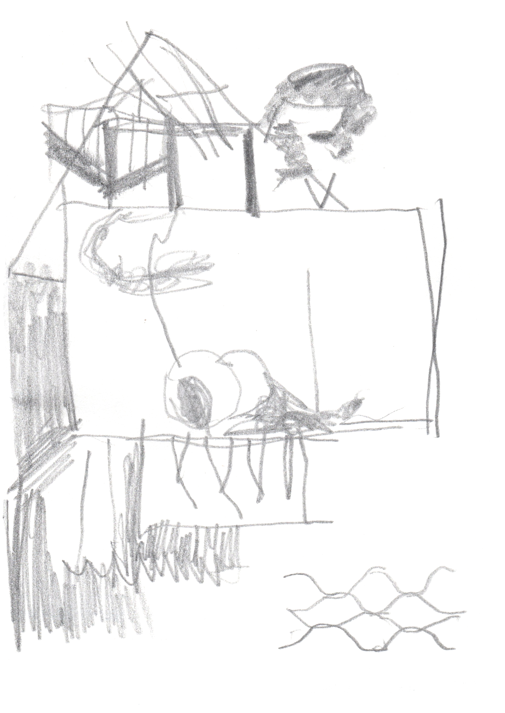 pencil drawing of two abstracted lions in the center of a large frame beneath a gabled roof and a human face