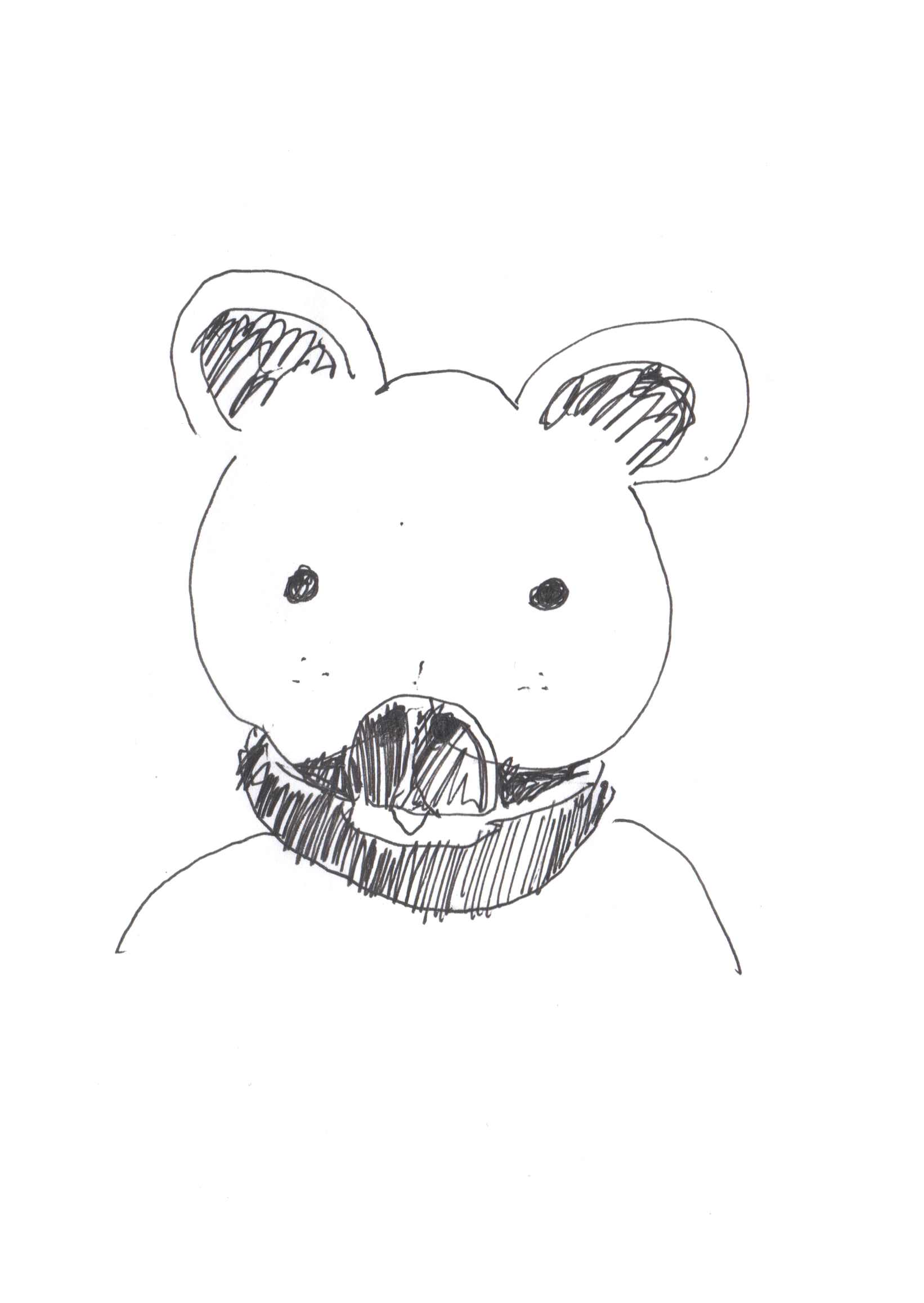 pen drawing of a dog with dotted black eyes wearing a sweater, cropped from the shoulders up