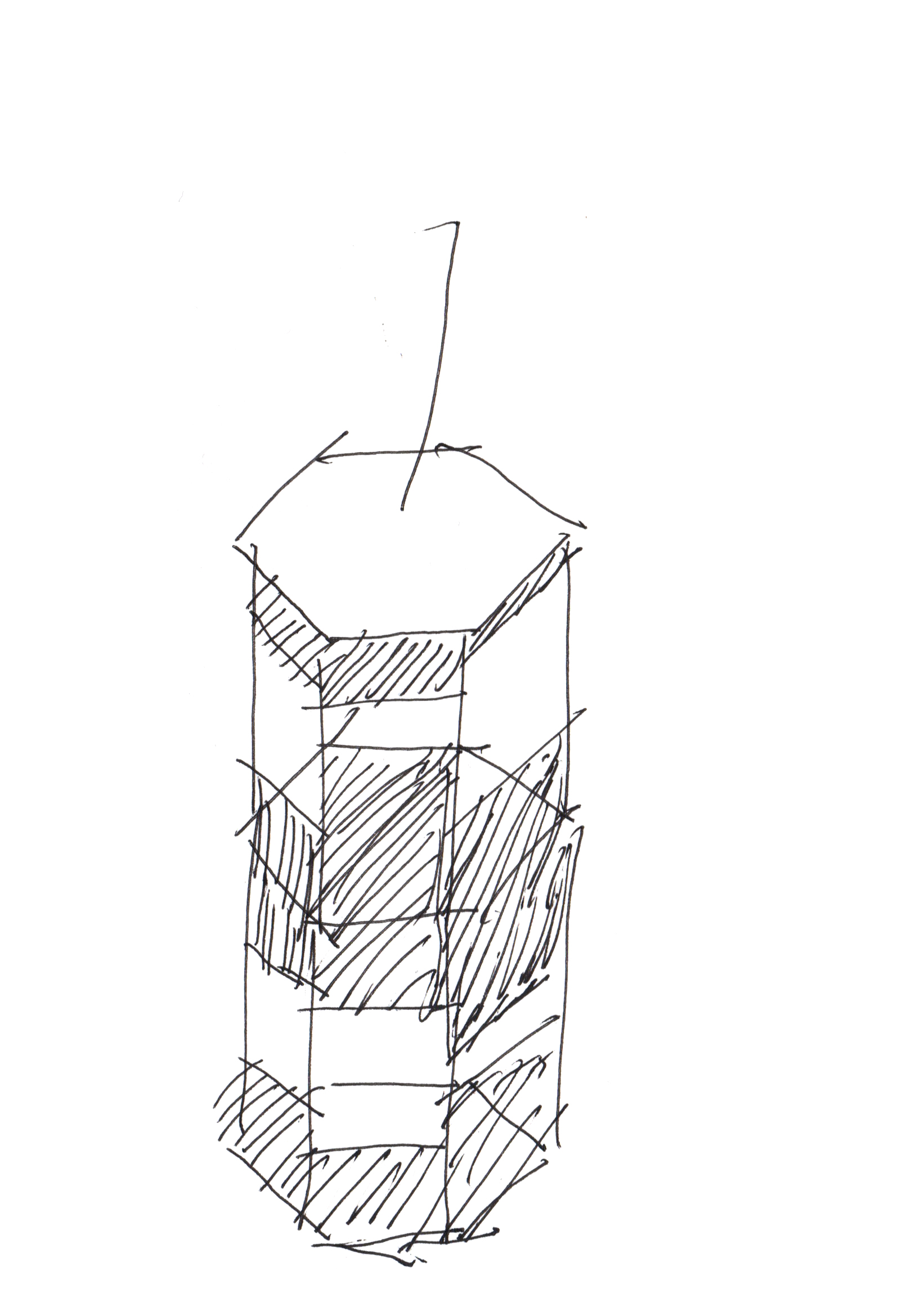 pen drawing of a hexagonal extrusion with a small line coming from the top 