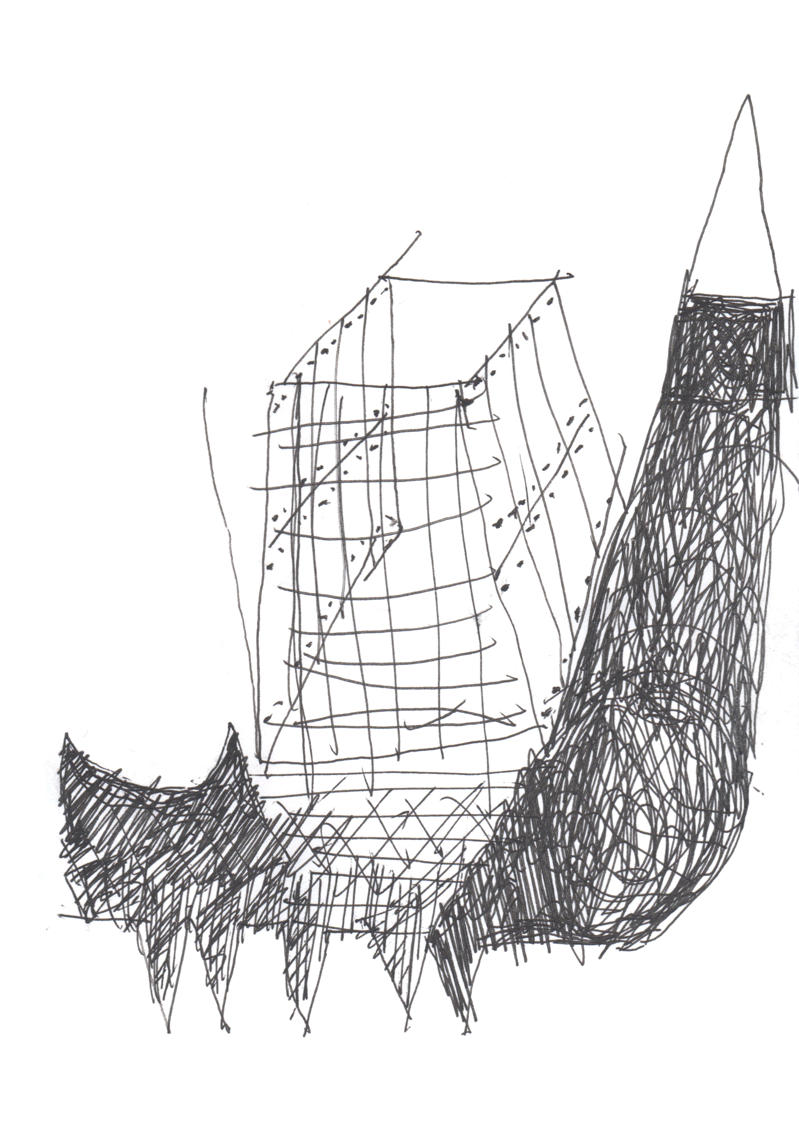 pen drawing of a creature with a long tail carrying a pyramidal box on its back