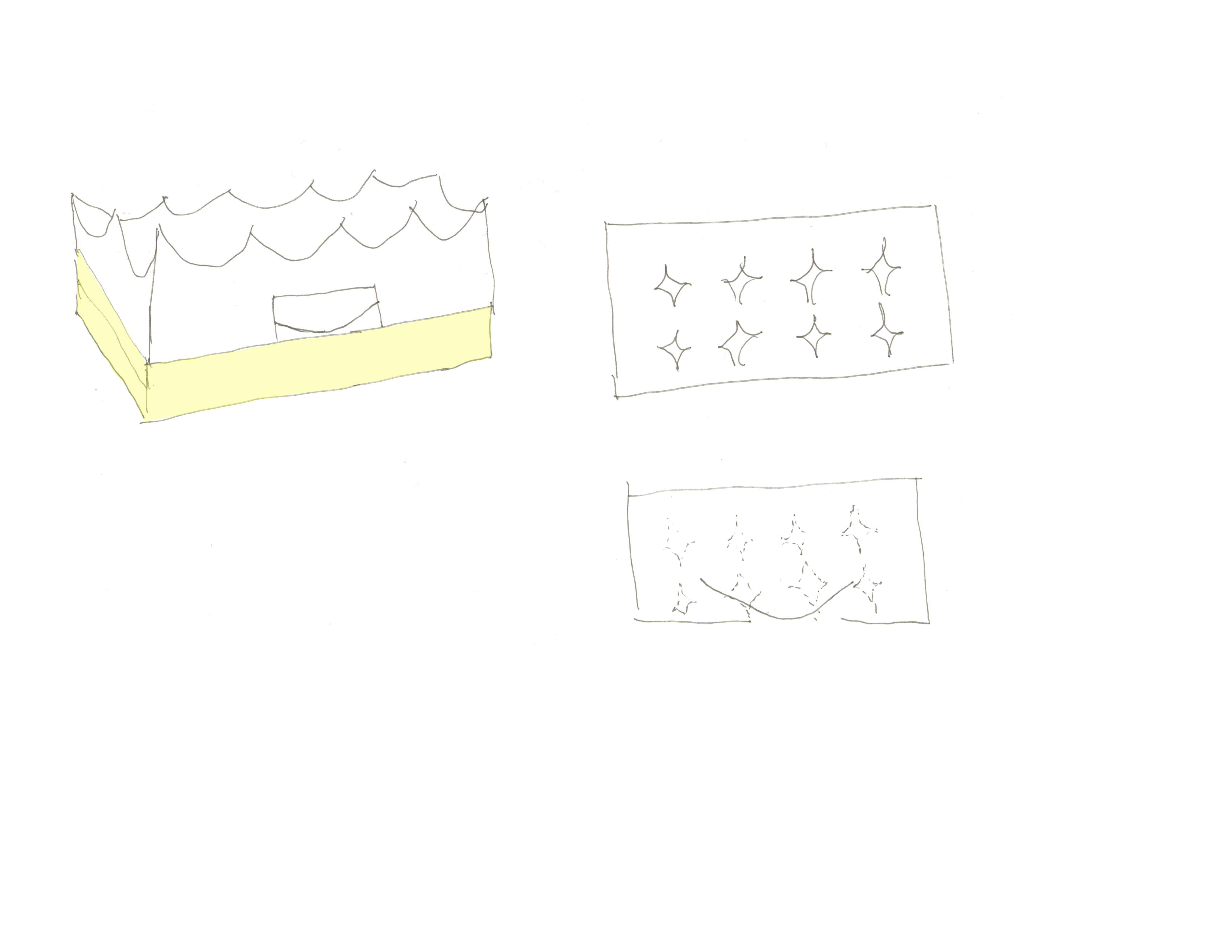 drawing in pen of a building with a crown-like cornice, with four pointed star skylights and a curved wall 