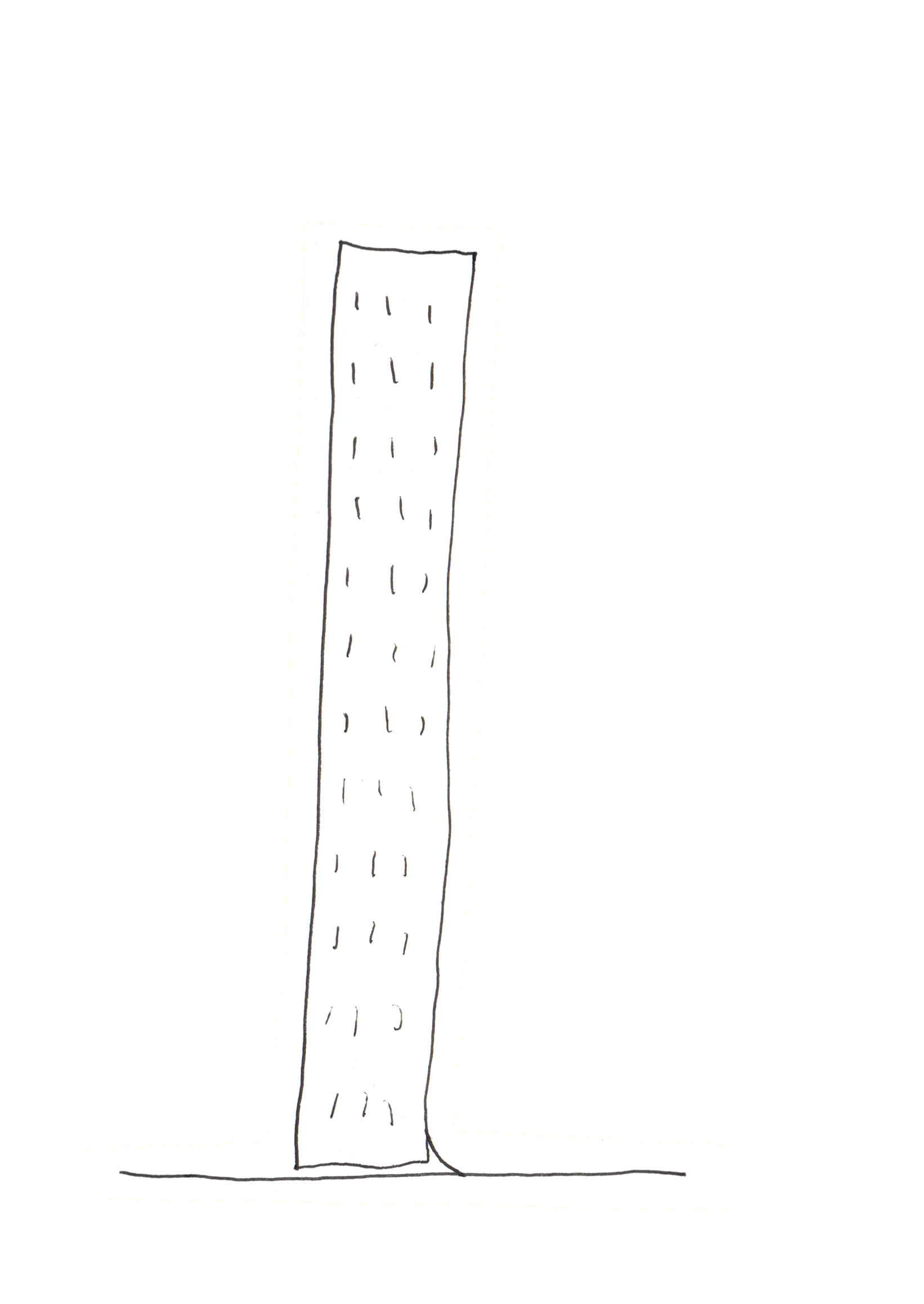 pen drawing of a tower floating just slightly above the ground tethered by a small string at its base
