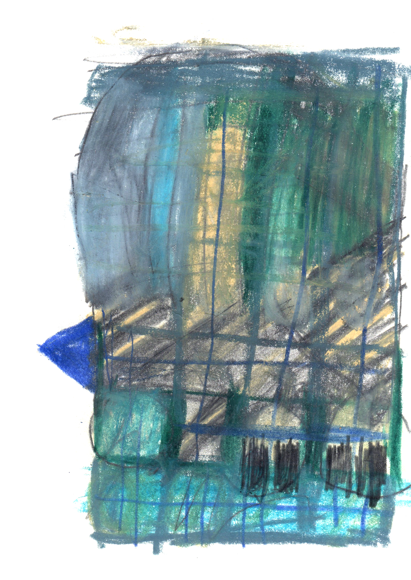colored-pencil drawing of a grid with a blue triangle and a grid below