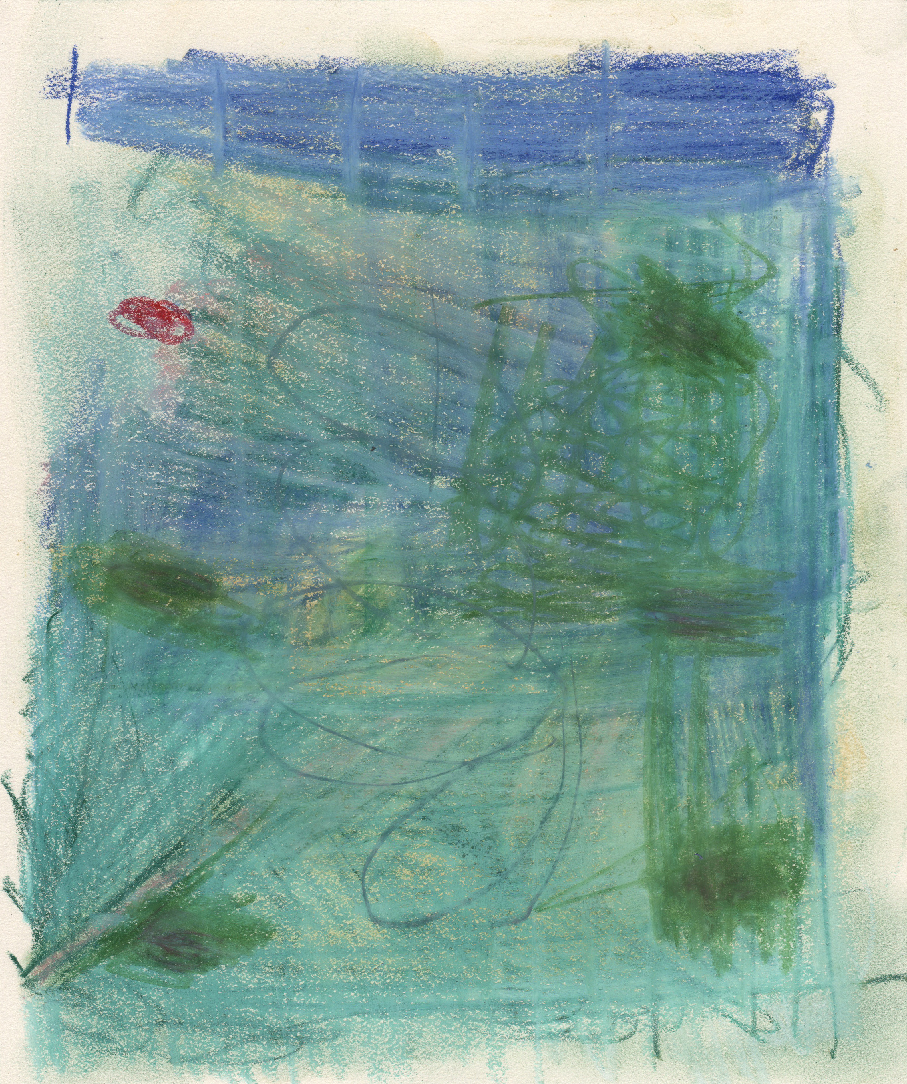 drawing in colored pencil of a landscape with six green dots and a blue sky