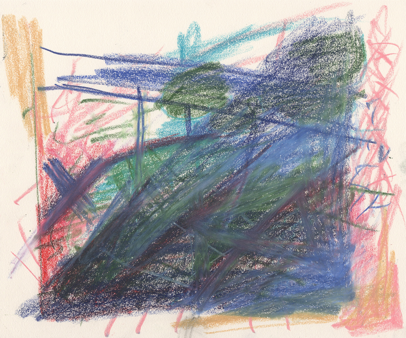 drawing in colored pencil of scratchy marks in blue, green, pink, and yellow