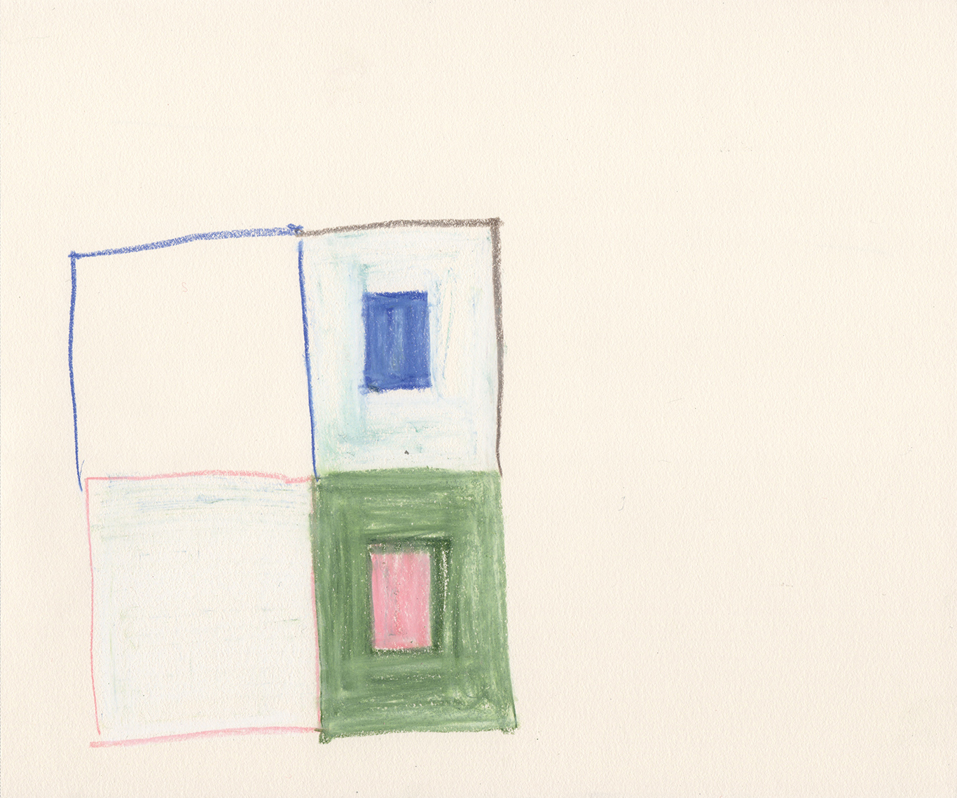 drawing in colored pencil of a two-by-two grid with the right side filled in with green, pink, blue, and white