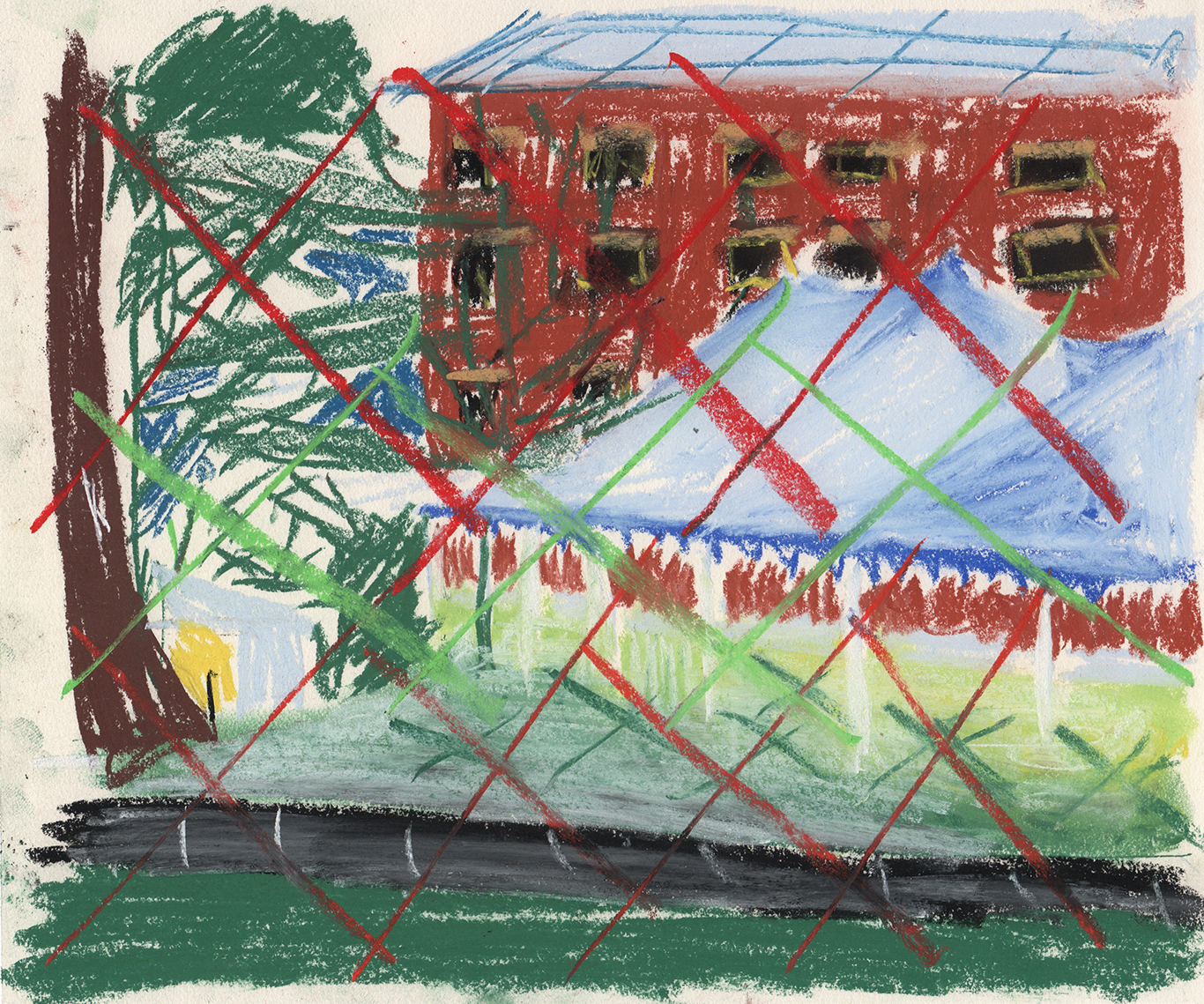 drawing in pastel of a tent sitting on a grass field in front of a brown building and some trees, with large X's drawn on top of the whole picture