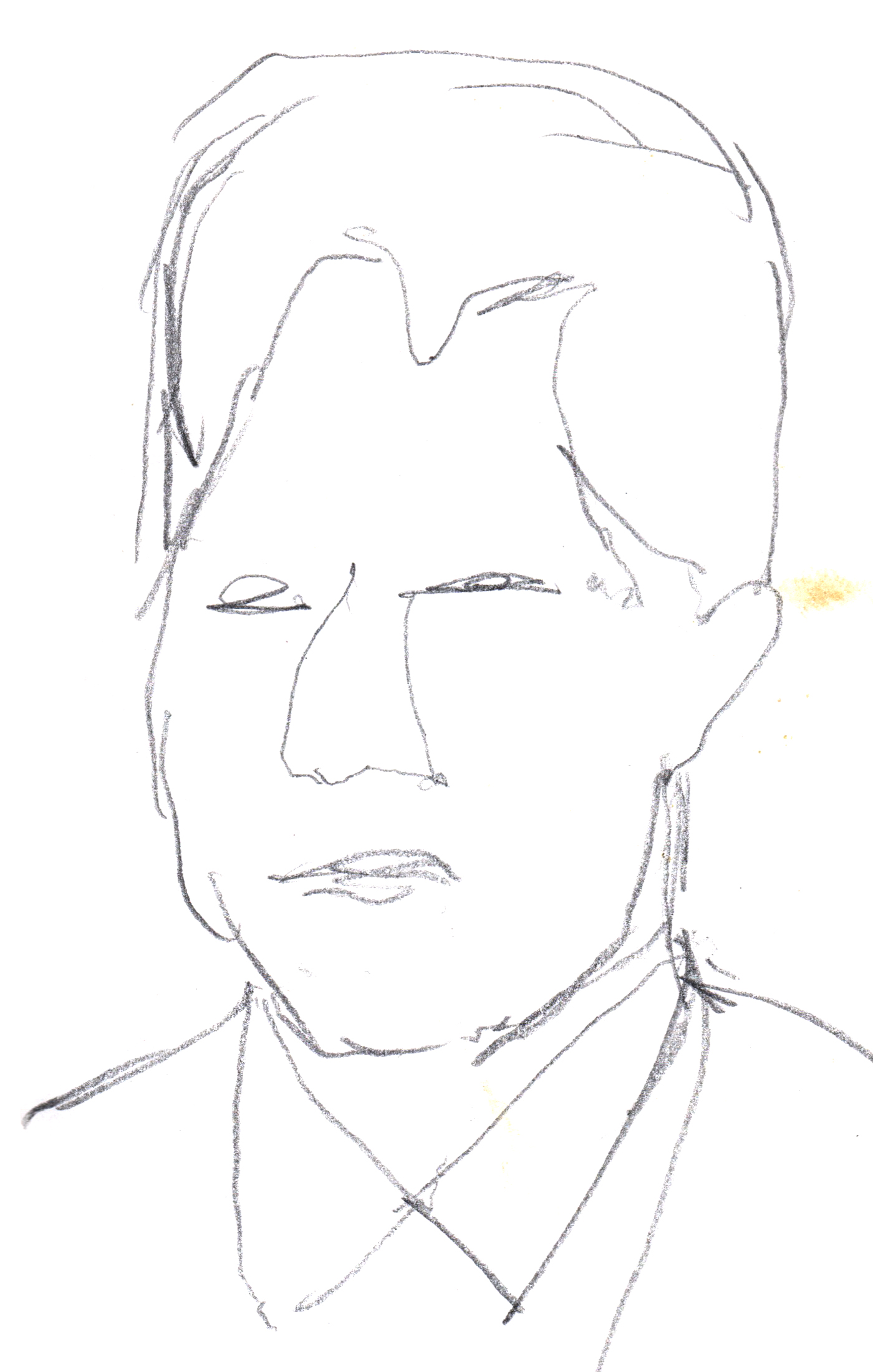 drawing in pencil of a man's portrait from the shoulders up with a long and tall head and squinted eyes