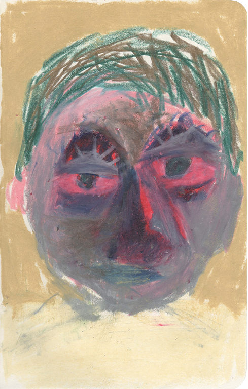 colored pencil drawing of a portrait of a boy with red eyes, green hair, and a yellow background
